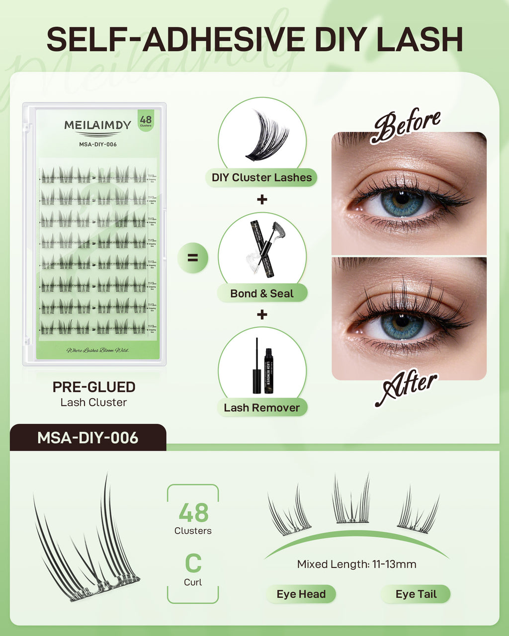 MEILAIMDY Self Adhesive DIY Lashes,0.07mm C Curl 48 Clusters 11-13mm Mixed Length Pre Glued False Eyelashes No Glue Needed Natural MSA-DIY-006