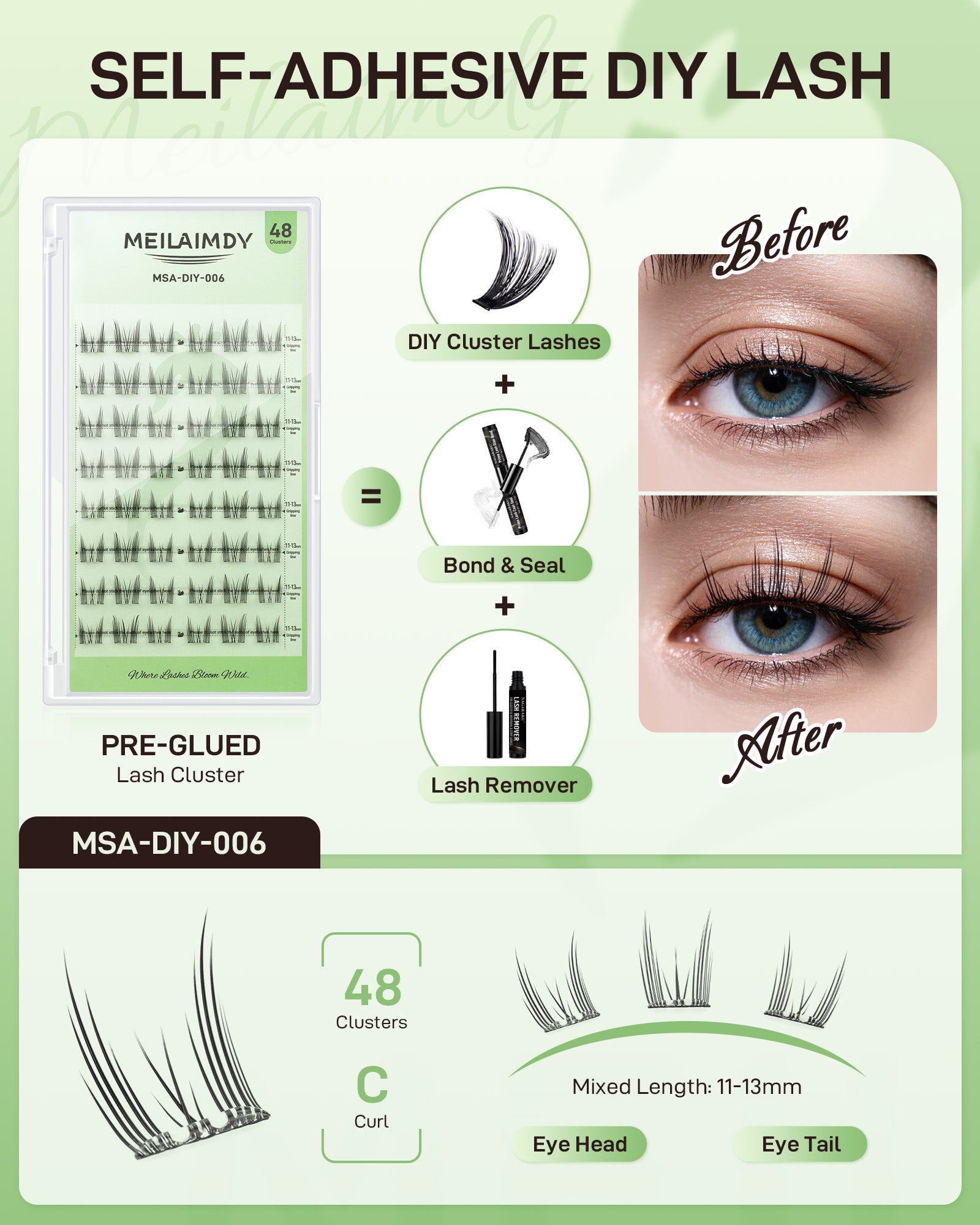 MEILAIMDY Self Adhesive DIY Lashes,0.07mm C Curl 48 Clusters 11-13mm Mixed Length Pre Glued False Eyelashes No Glue Needed Natural MSA-DIY-006
