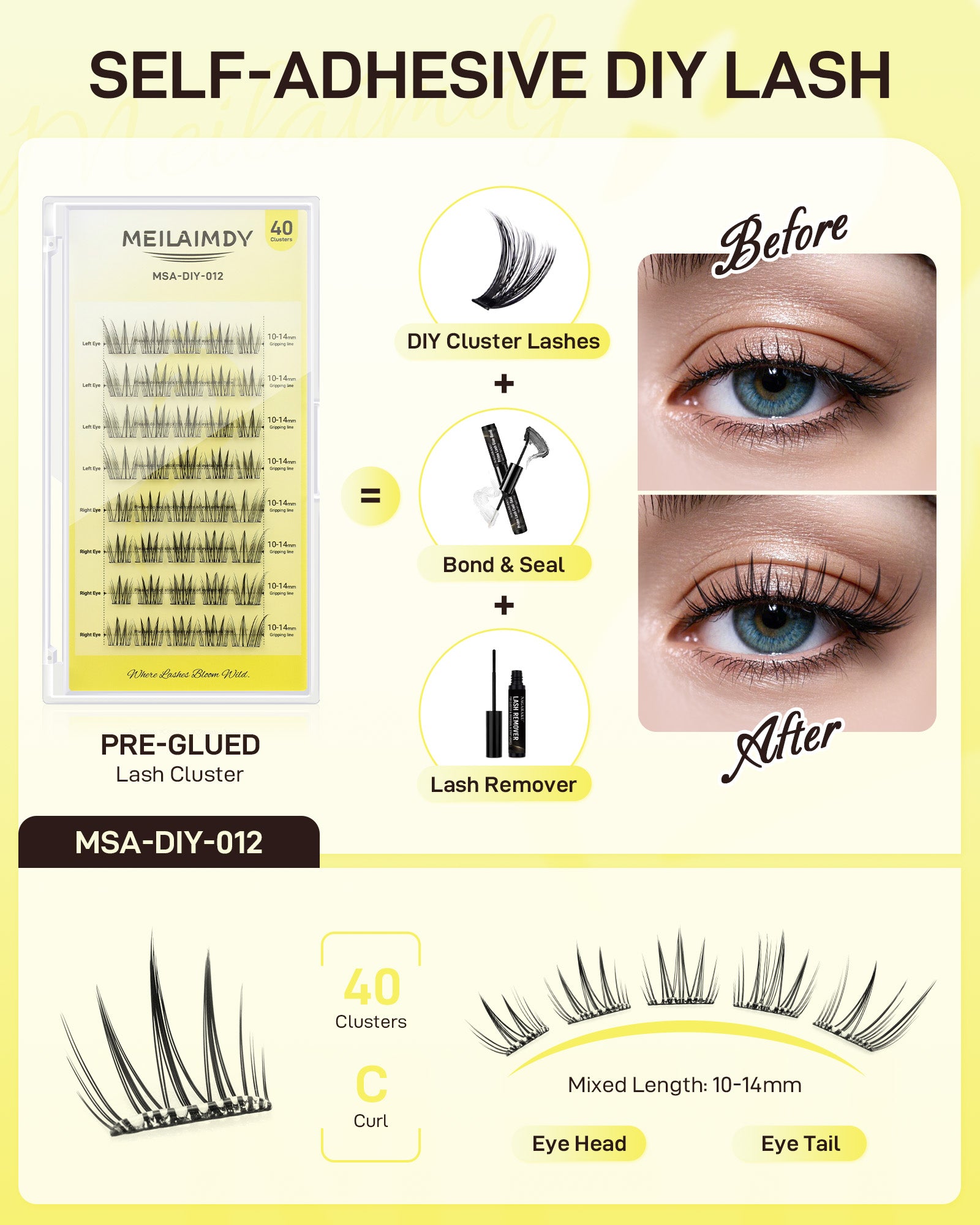 MEILAIMDY Self Adhesive DIY Lashes,0.07mm C Curl 40 Clusters 10-14mm Mixed Length Pre Glued False Eyelashes No Glue Needed Wispy MSA-DIY-012