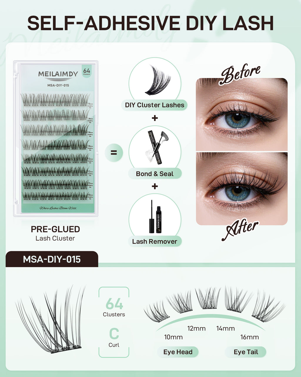 MEILAIMDY Self Adhesive DIY Lashes,0.07mm C Curl 64 Clusters 10-16mm Mixed Length Pre Glued False Eyelashes No Glue Needed Natural Wispy MSA-DIY-015