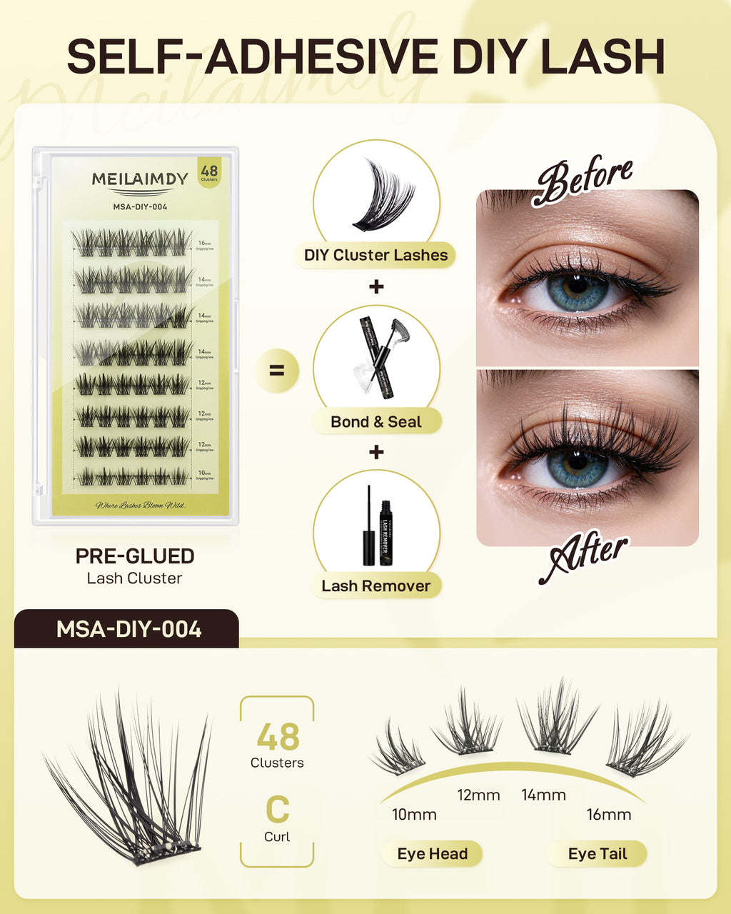 MEILAIMDY Self Adhesive DIY Lashes,0.07mm C Curl 48 Clusters 10-16mm Mixed Length Pre Glued False Eyelashes No Glue Needed Natural MSA-DIY-004