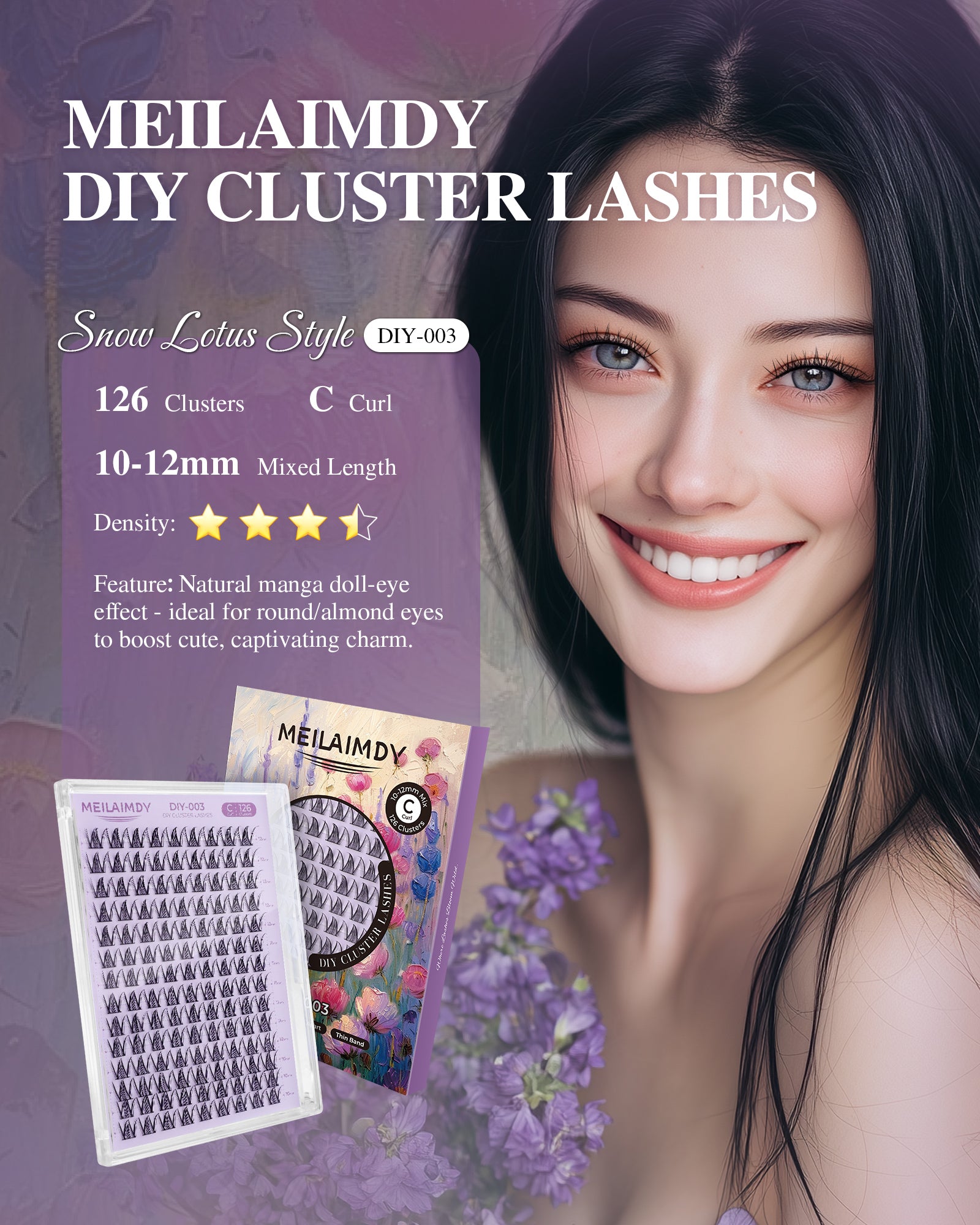 MEILAIMDY DIY Cluster Lashes 0.07mm C Curl (MEDIY003, 128 Clusters 10-12mm Mix Length)