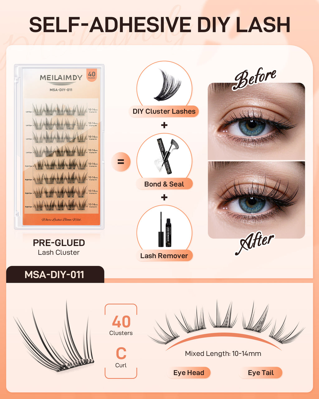 MEILAIMDY Self Adhesive DIY Lashes,0.07mm C Curl 40 Clusters 10-14mm Mixed Length Pre Glued False Eyelashes No Glue Needed Wispy MSA-DIY-011