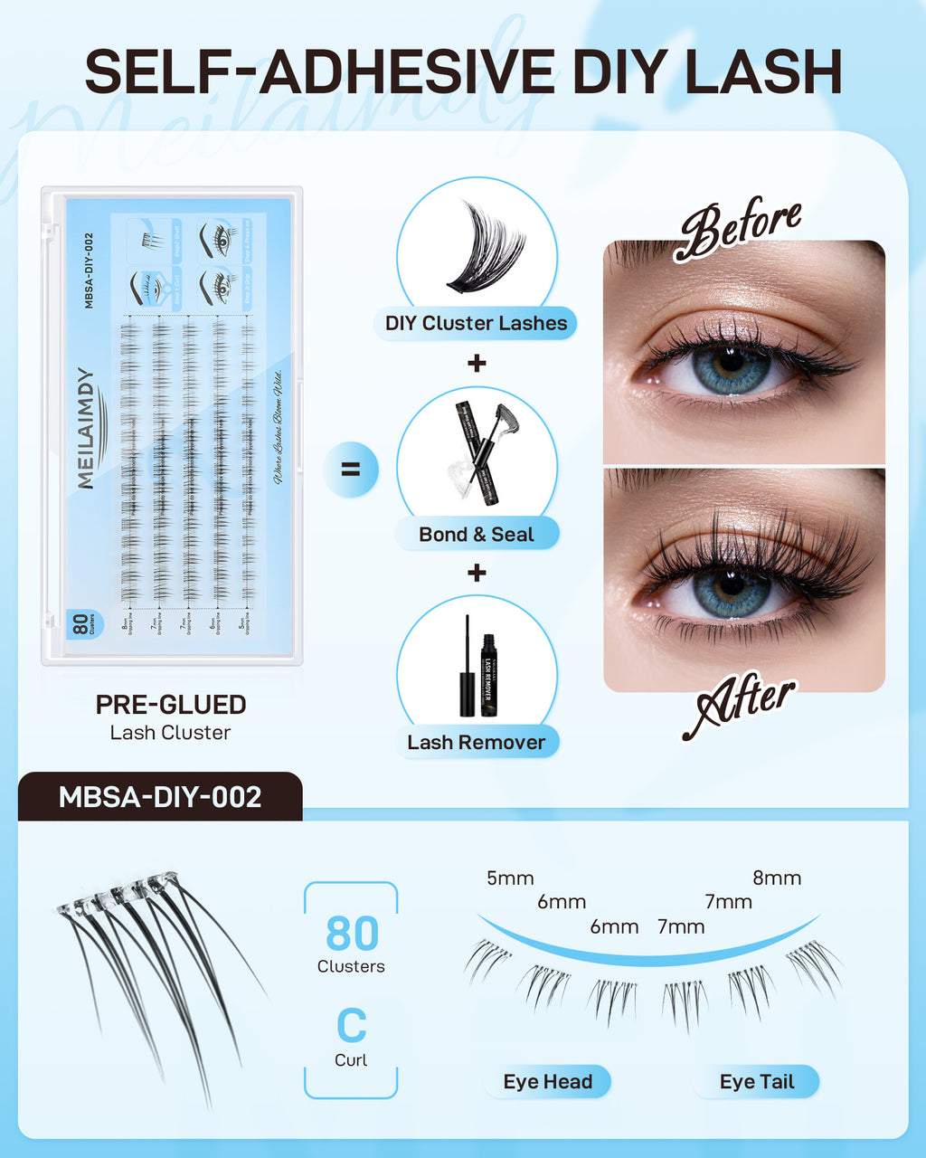 MEILAIMDY Self Adhesive DIY Bottom Lashes,0.07mm J Curl 80 Clusters 5-8mm Mixed Length Pre Glued Lower Eyelashes No Glue Needed Natural MBSA-DIY-002