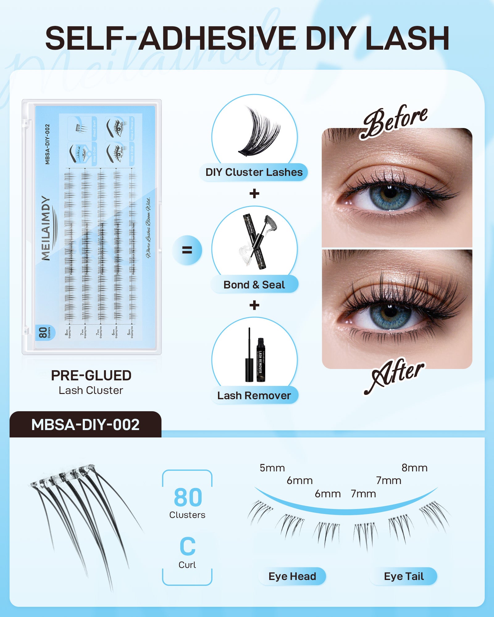 MEILAIMDY Self Adhesive DIY Bottom Lashes,0.07mm J Curl 80 Clusters 5-8mm Mixed Length Pre Glued Lower Eyelashes No Glue Needed Natural MBSA-DIY-002