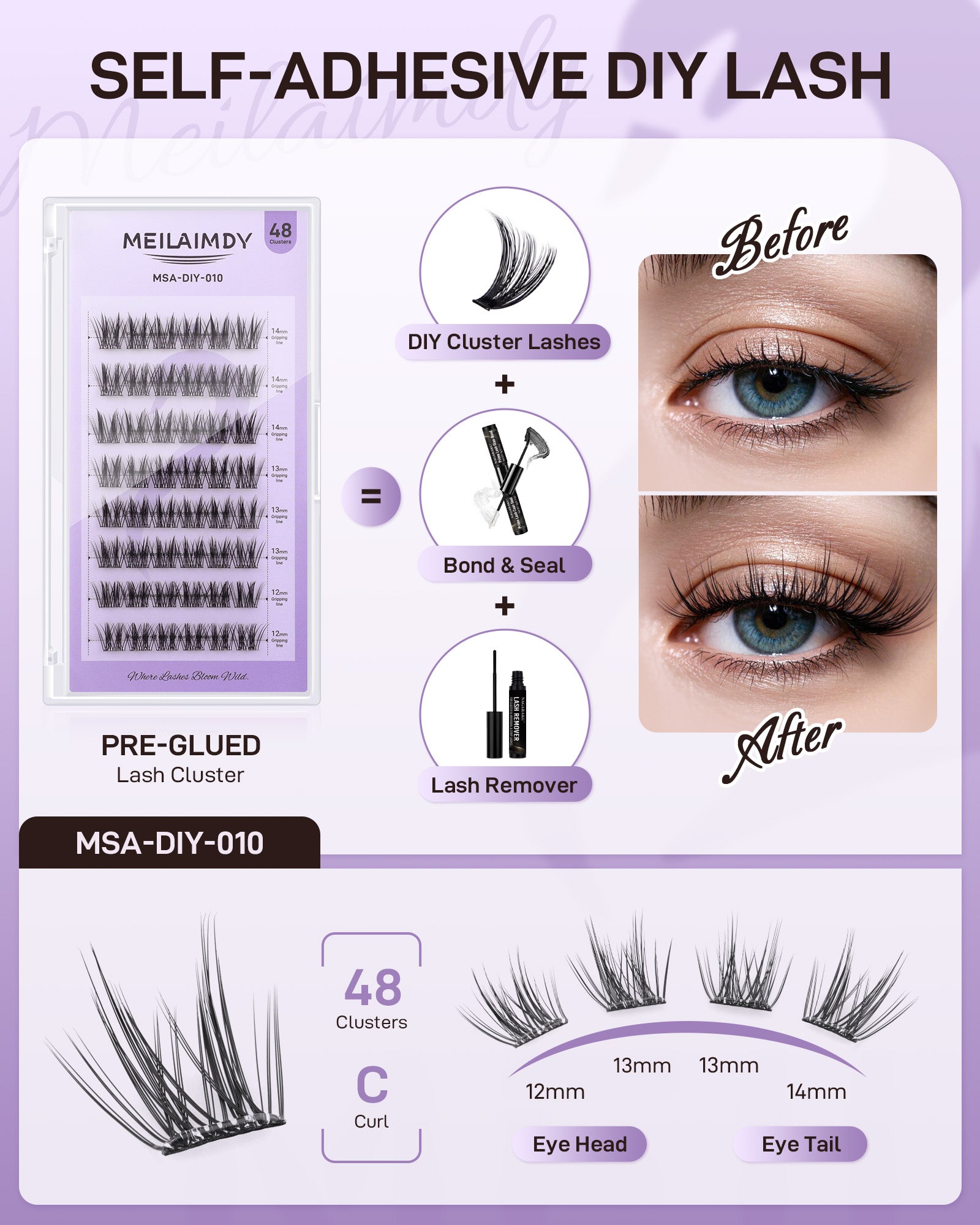 MEILAIMDY Self Adhesive DIY Lashes,0.07mm C Curl 48 Clusters 12-14mm Mixed Length Pre Glued False Eyelashes No Glue Needed Natural Wispy MSA-DIY-010