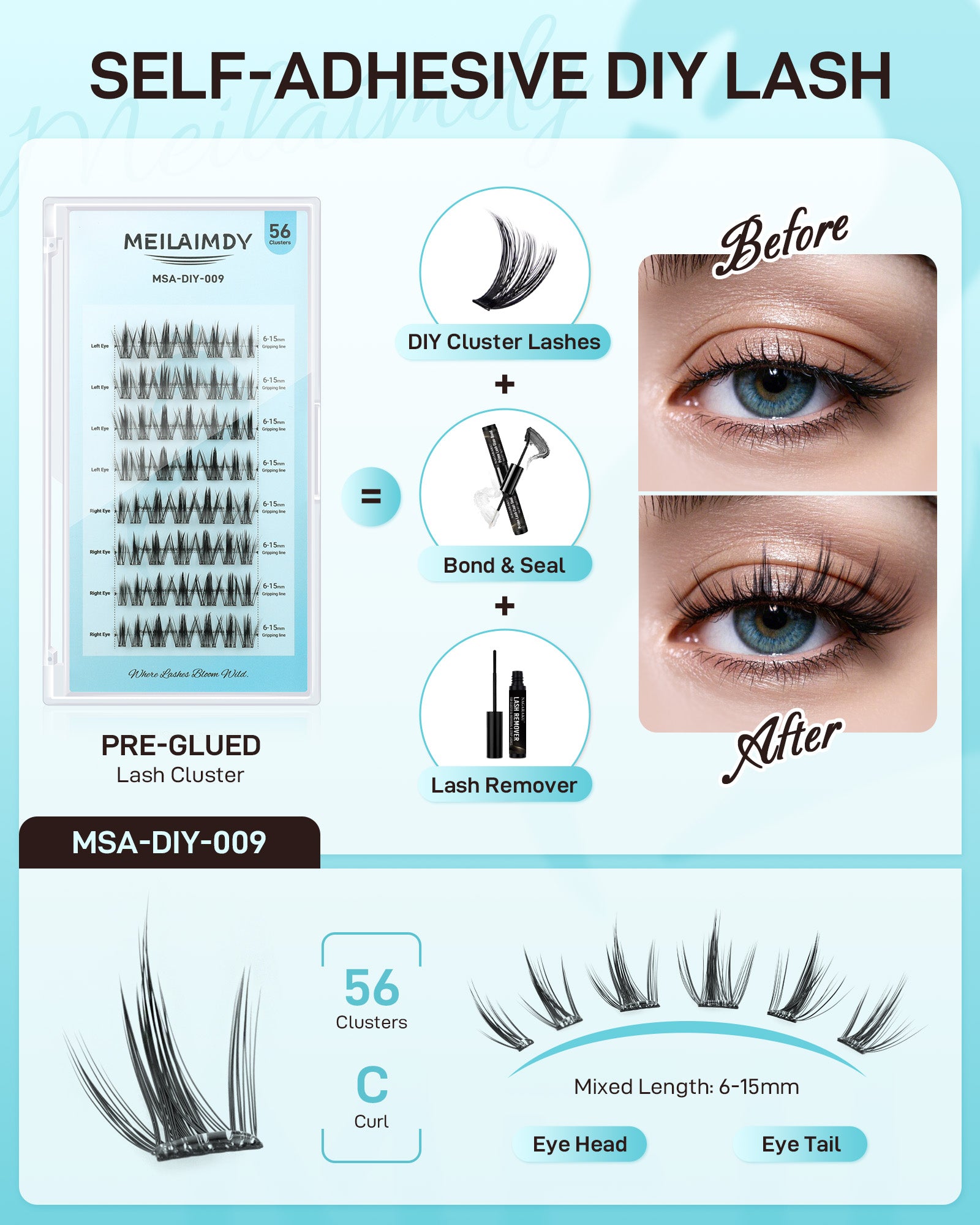 MEILAIMDY Self Adhesive DIY Lashes,0.07mm C Curl 56 Clusters 6-15mm Mixed Length Pre Glued False Eyelashes No Glue Needed Wispy Makeup MSA-DIY-009