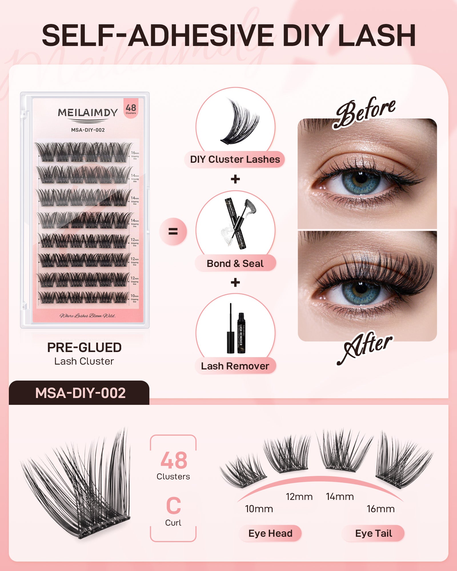 MEILAIMDY Self Adhesive DIY Lashes,0.07mm C Curl 48 Clusters 10-16mm Mixed Length Pre Glued False Eyelashes No Glue Needed Volume MSA-DIY-002