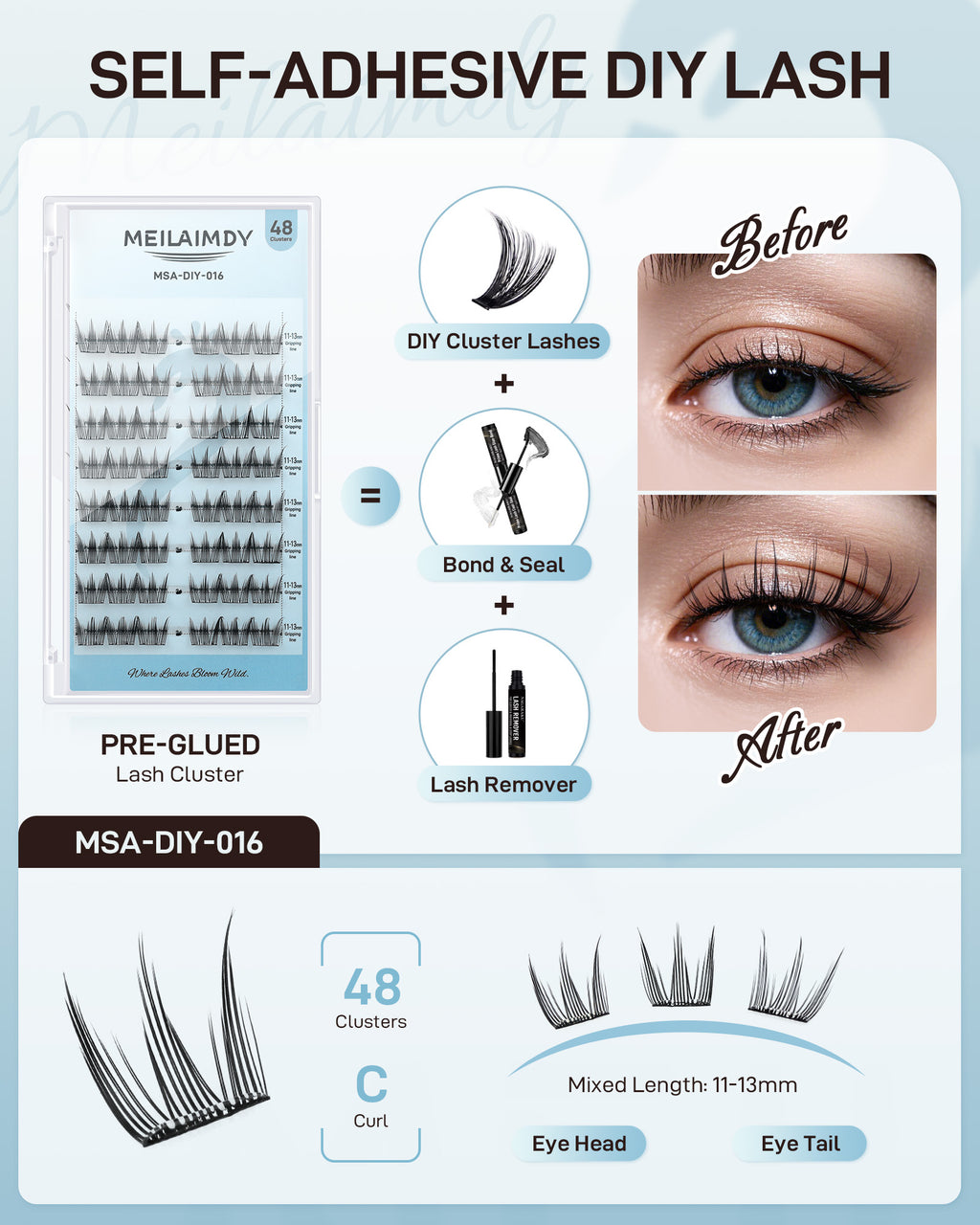 MEILAIMDY Self Adhesive DIY Lashes,0.07mm C Curl 48 Clusters 11-13mm Mixed Length  Pre Glued False Eyelashes No Glue Needed Natural Wispy MSA-DIY-016