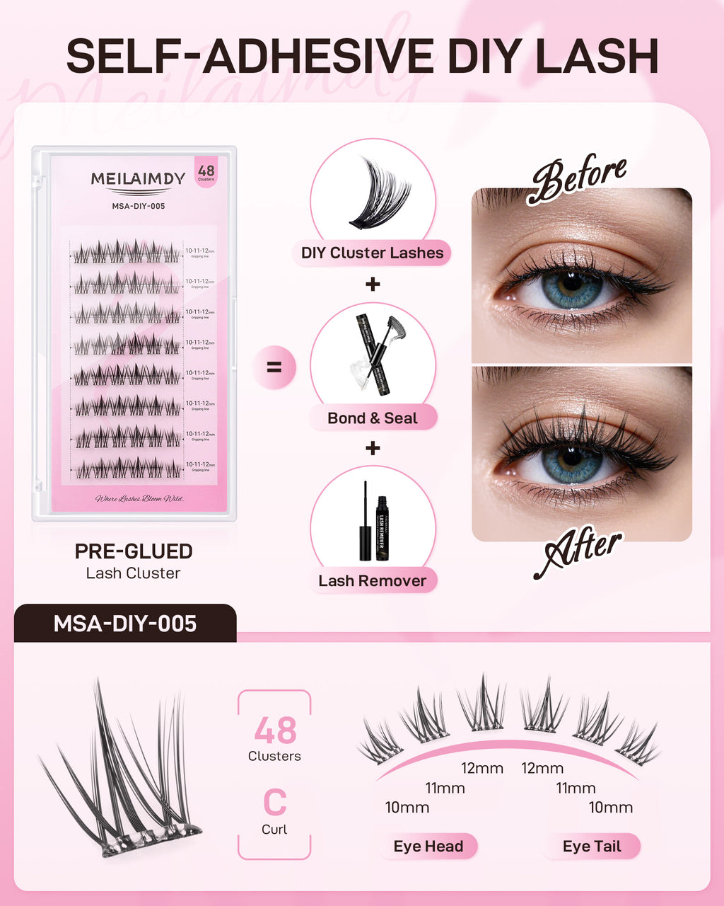 MEILAIMDY Self Adhesive DIY Lashes,0.07mm C Curl 48 Clusters 10-12mm Mixed Length Pre Glued False Eyelashes No Glue Needed Natural MSA-DIY-005