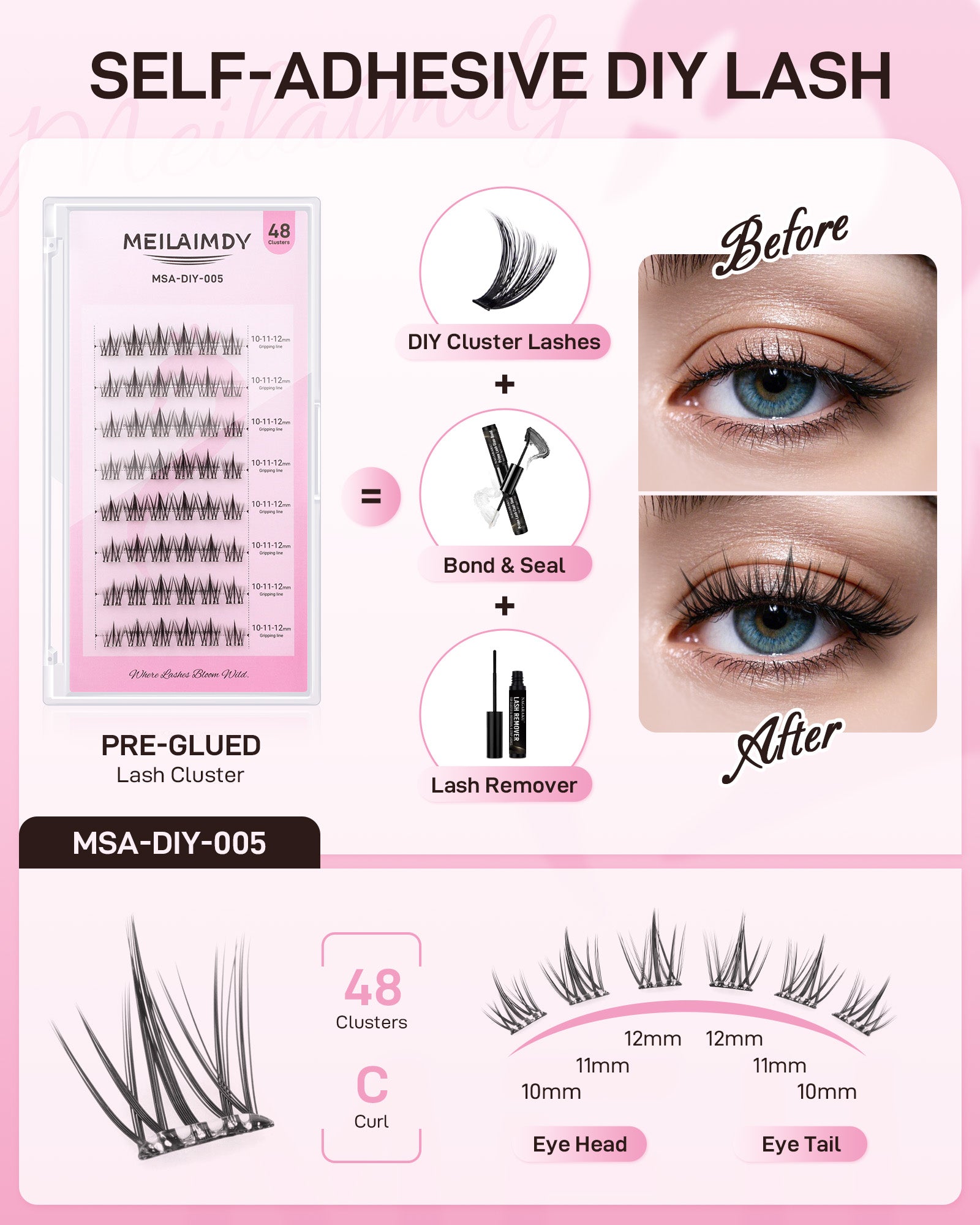 MEILAIMDY Self Adhesive DIY Lashes,0.07mm C Curl 48 Clusters 10-12mm Mixed Length Pre Glued False Eyelashes No Glue Needed Natural MSA-DIY-005