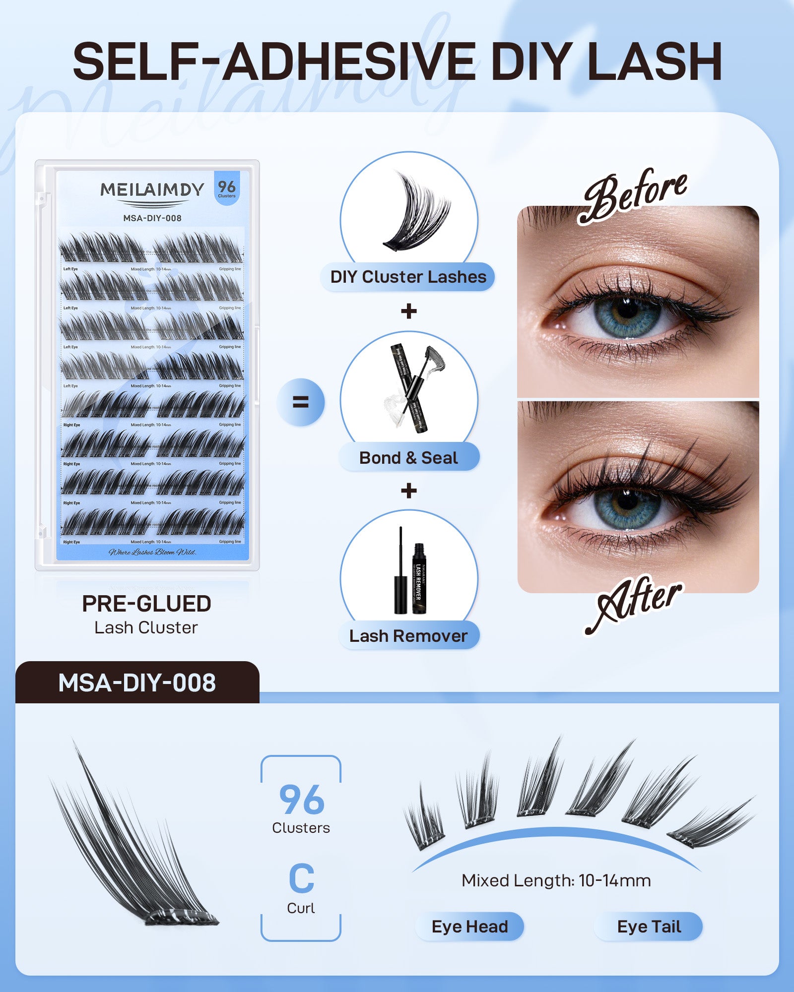 MEILAIMDY Self Adhesive DIY Lashes,0.07mm C Curl 96 Clusters 10-14mm Mixed Length Pre Glued False Eyelashes No Glue Needed Natural MSA-DIY-008