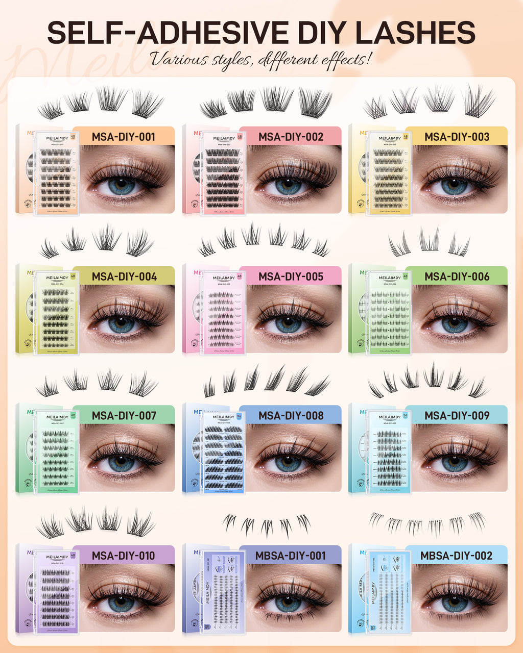 MEILAIMDY Self Adhesive DIY Lashes,0.07mm C Curl 40 Clusters 10-16mm Mixed Length Pre Glued False Eyelashes No Glue Needed Natural MSA-DIY-001