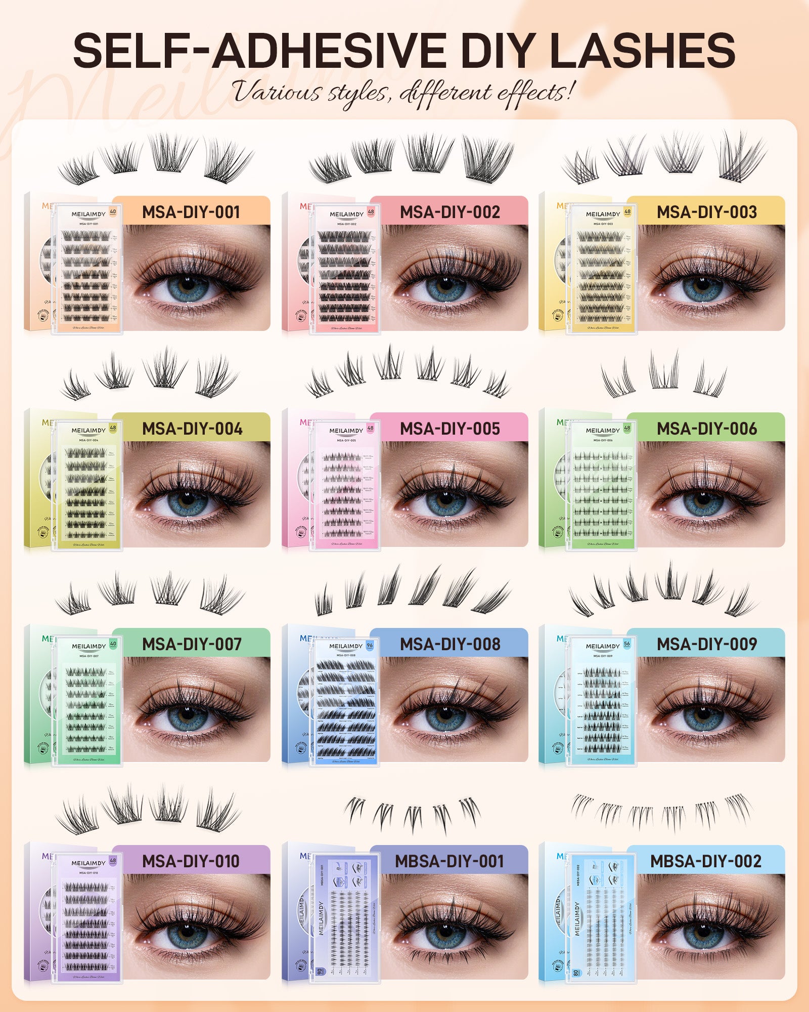 MEILAIMDY Self Adhesive DIY Lashes,0.07mm C Curl 40 Clusters 10-16mm Mixed Length Pre Glued False Eyelashes No Glue Needed Natural MSA-DIY-001
