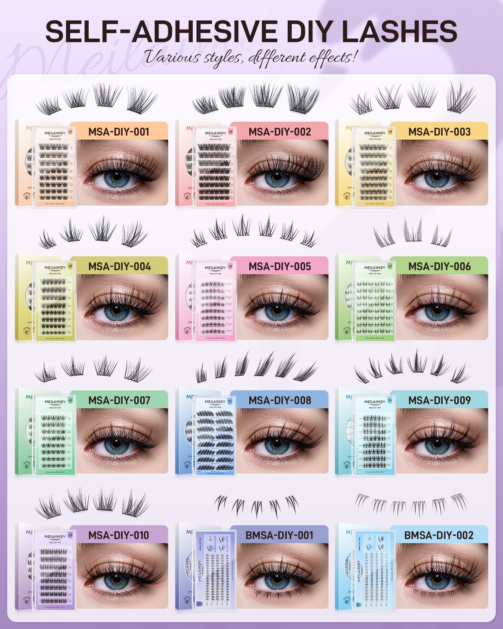 MEILAIMDY Self Adhesive DIY Lashes,0.07mm C Curl 48 Clusters 12-14mm Mixed Length Pre Glued False Eyelashes No Glue Needed Natural Wispy MSA-DIY-010