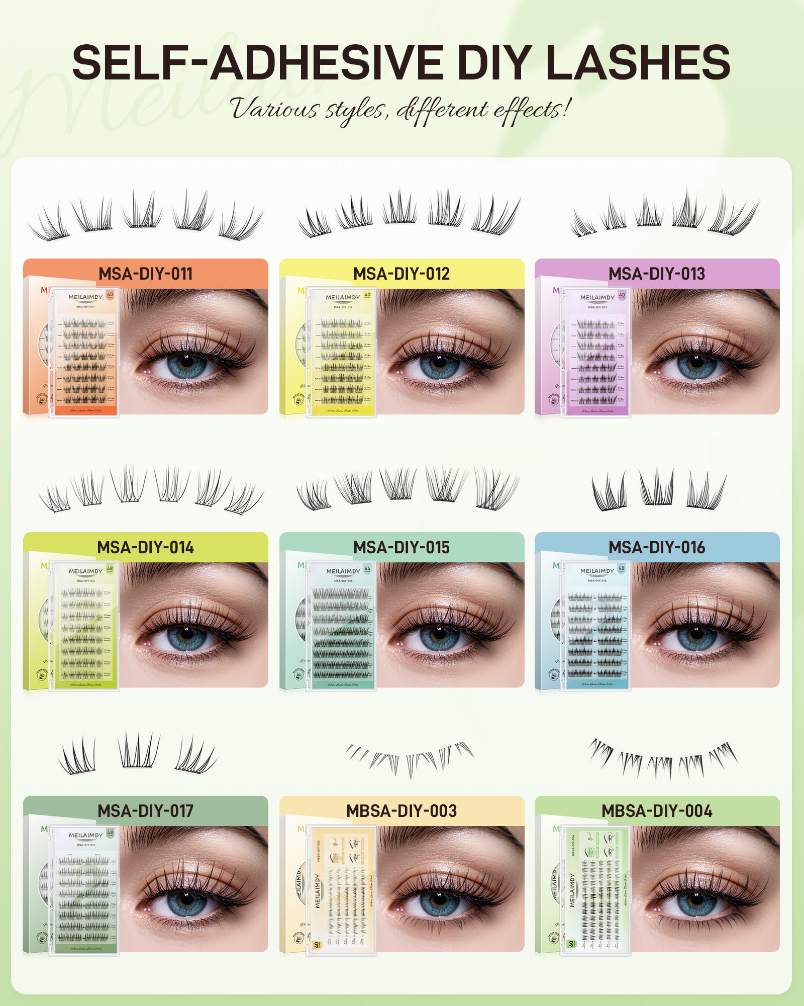 MEILAIMDY Self Adhesive DIY Bottom Lashes,0.07mm J Curl 60 Clusters 5-7mm Mixed Length Pre Glued Lower Eyelashes No Glue Needed Natural MBSA-DIY-004