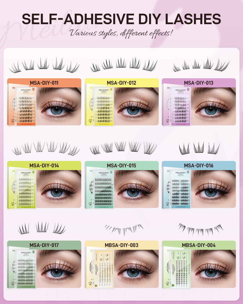 MEILAIMDY Self Adhesive DIY Lashes,0.07mm C Curl 40 Clusters 9-14mm Mixed Length Pre Glued False Eyelashes No Glue Needed Natural Wispy MSA-DIY-013