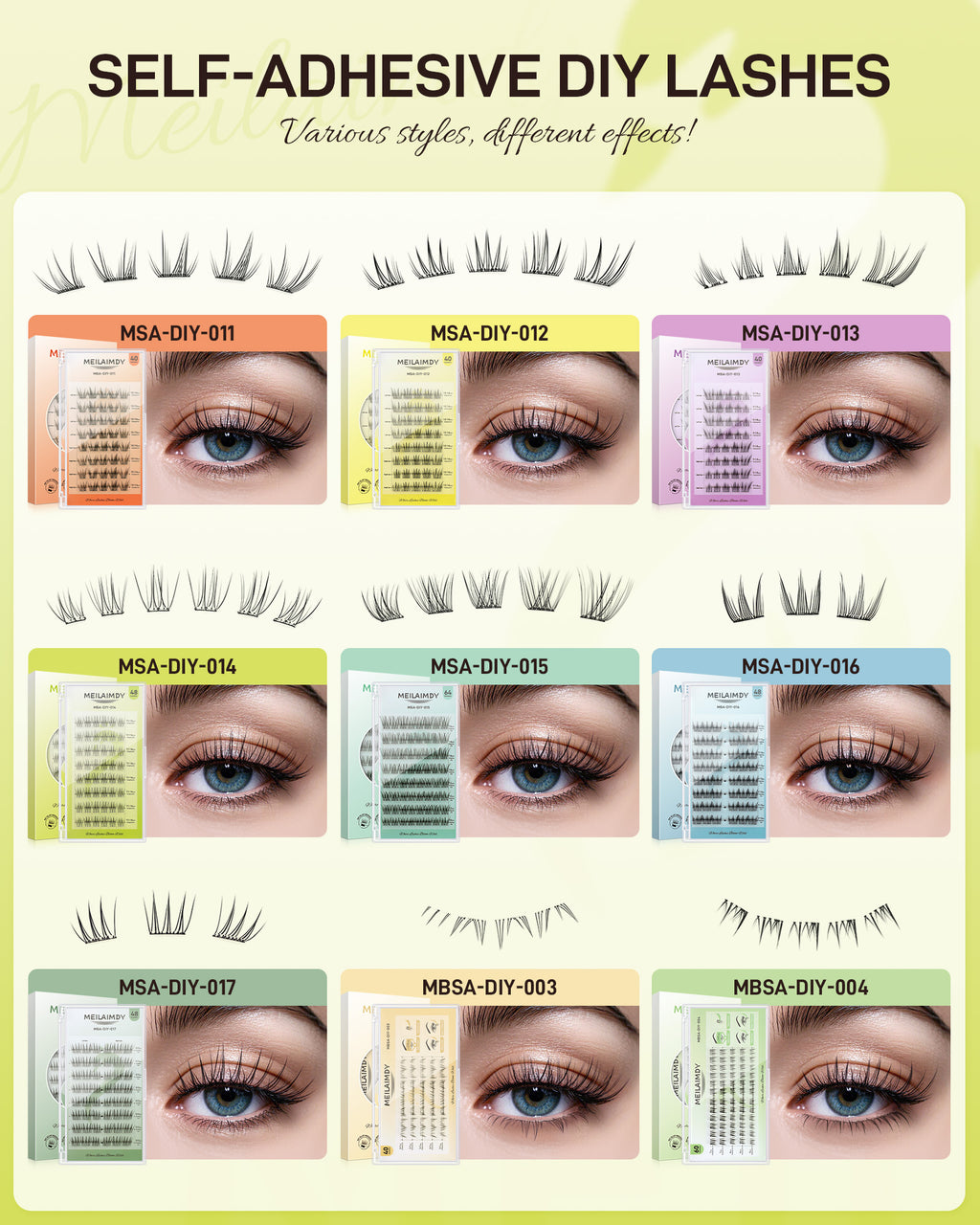 MEILAIMDY Self Adhesive DIY Lashes,0.07mm C Curl 48 Clusters 11-14mm Mixed Length Pre Glued False Eyelashes No Glue Needed Natural Wispy MSA-DIY-014