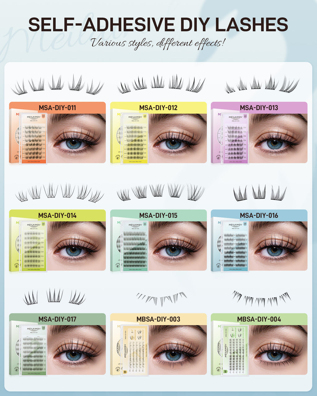 MEILAIMDY Self Adhesive DIY Lashes,0.07mm C Curl 48 Clusters 11-13mm Mixed Length  Pre Glued False Eyelashes No Glue Needed Natural Wispy MSA-DIY-016