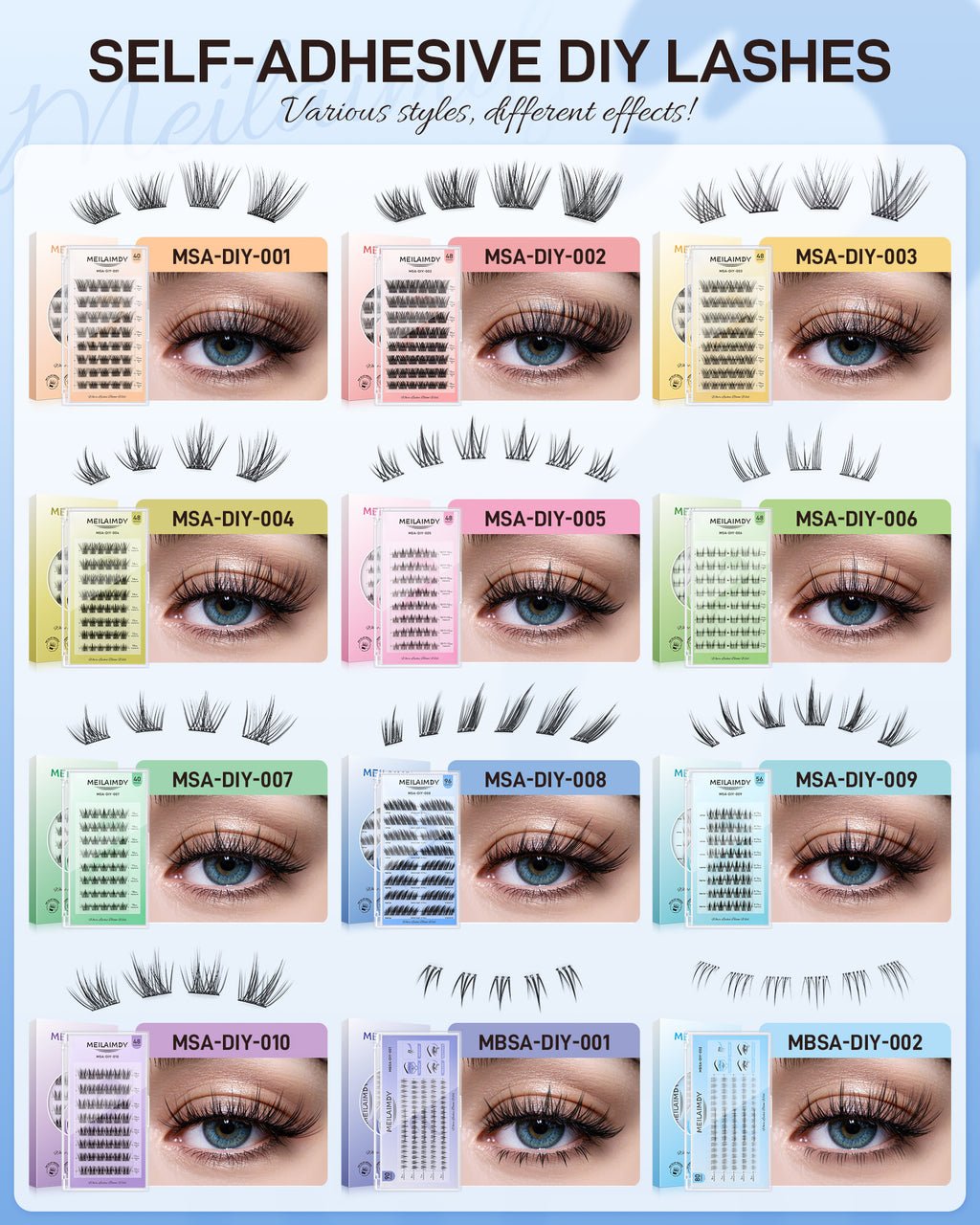 MEILAIMDY Self Adhesive DIY Lashes,0.07mm C Curl 96 Clusters 10-14mm Mixed Length Pre Glued False Eyelashes No Glue Needed Natural MSA-DIY-008
