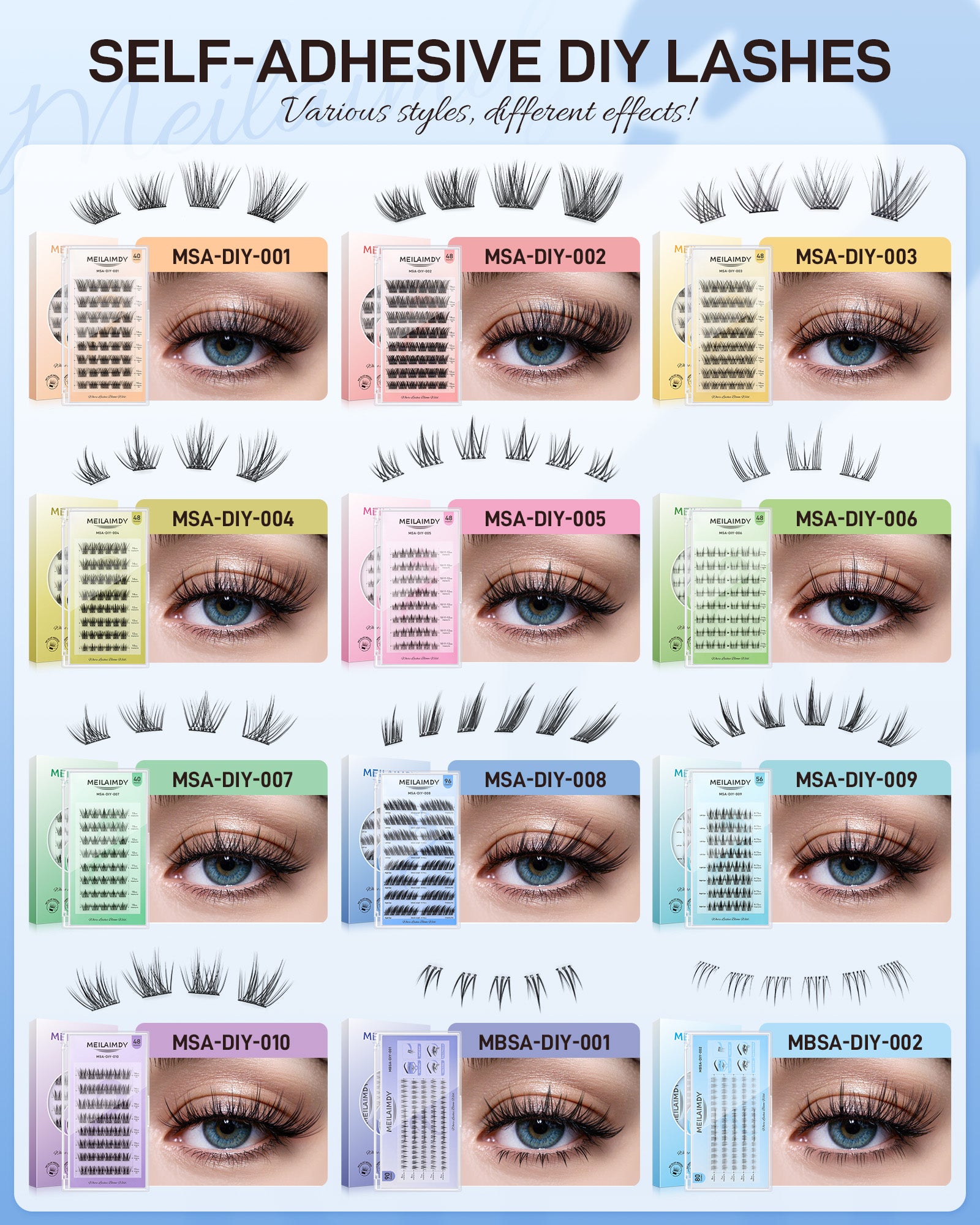 MEILAIMDY Self Adhesive DIY Lashes,0.07mm C Curl 96 Clusters 10-14mm Mixed Length Pre Glued False Eyelashes No Glue Needed Natural MSA-DIY-008