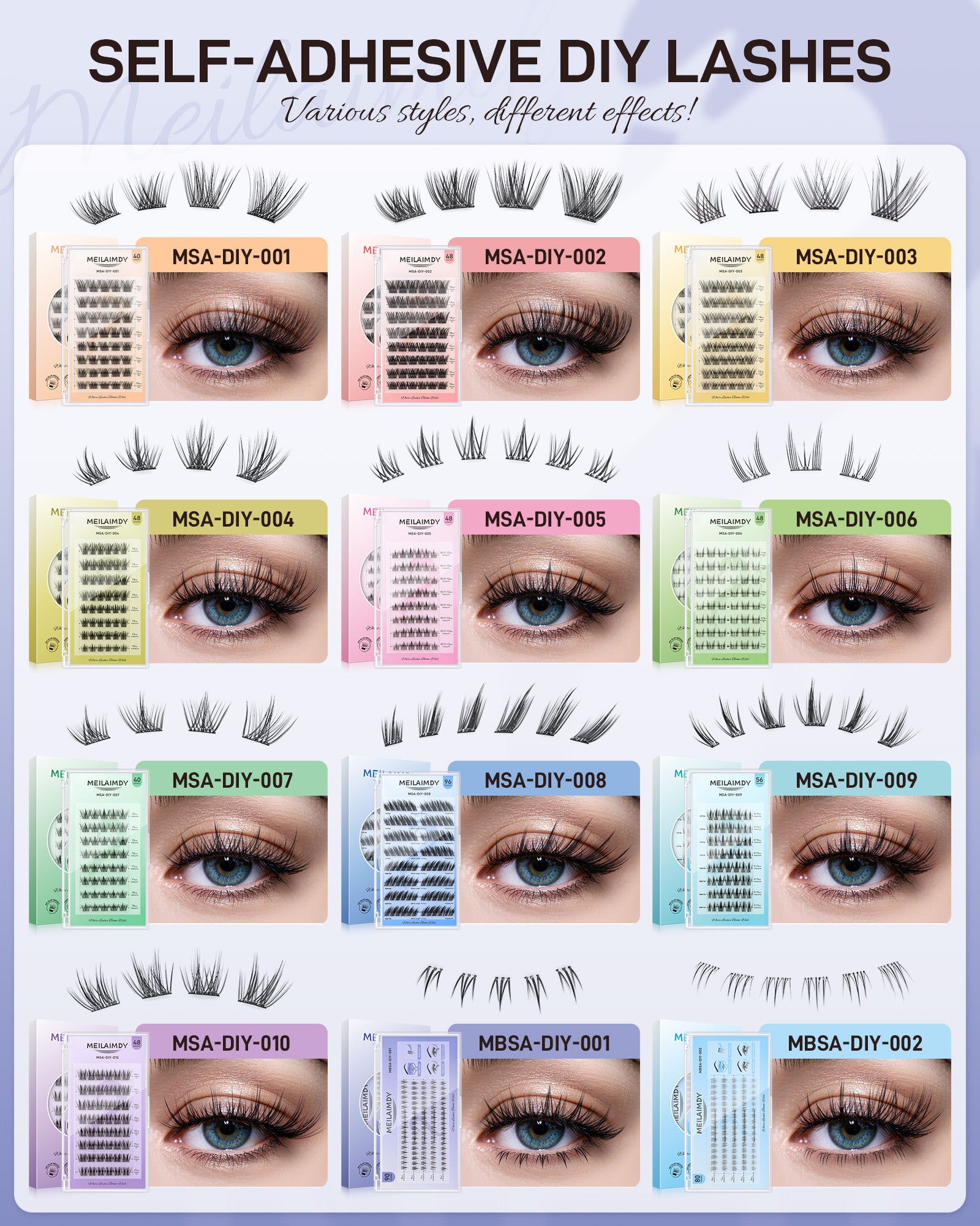 MEILAIMDY Self Adhesive DIY Bottom Lashes,0.07mm J Curl 90 Clusters 6-8mm Mixed Length Pre Glued Lower Eyelashes No Glue Needed Natural MBSA-DIY-001