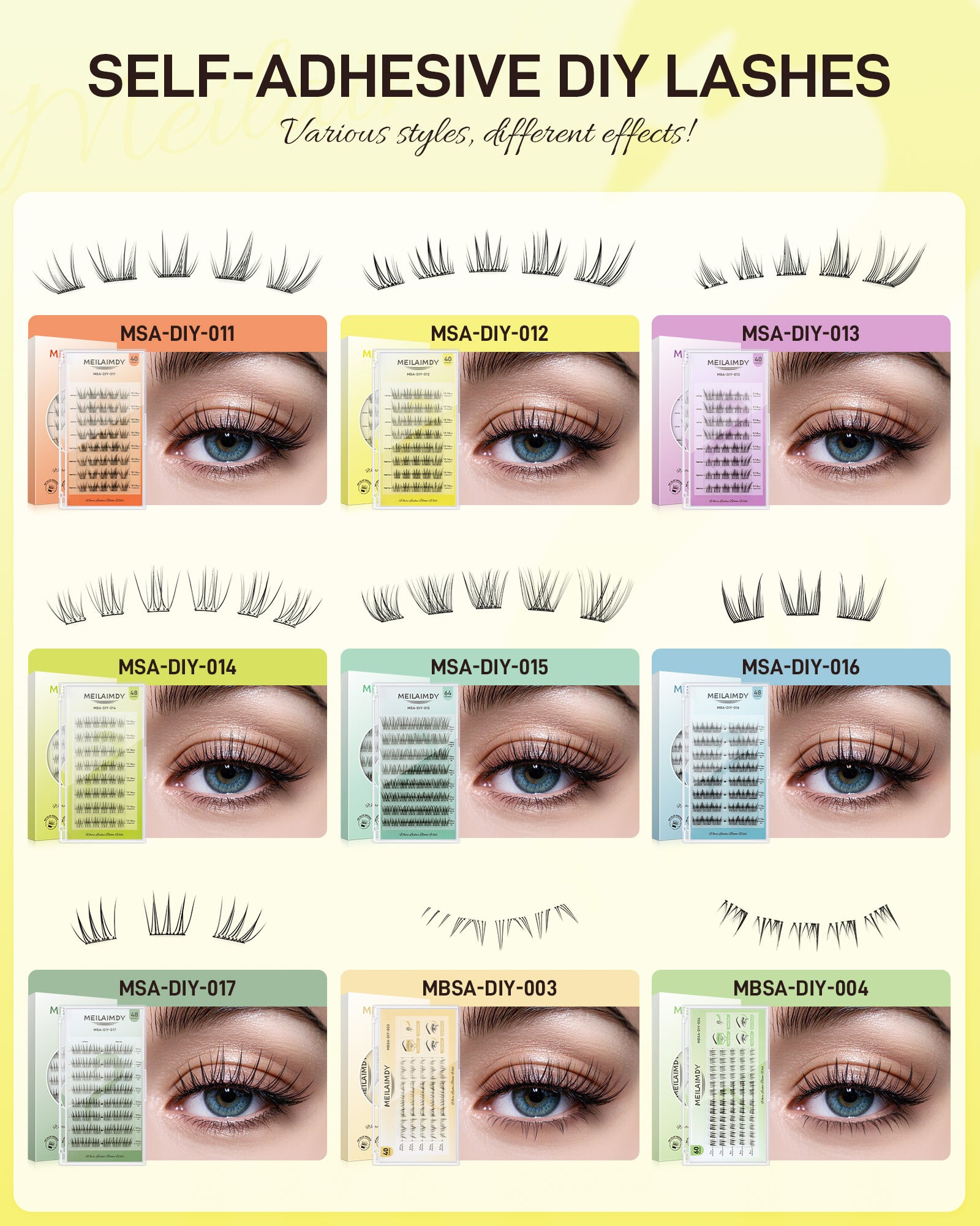 MEILAIMDY Self Adhesive DIY Lashes,0.07mm C Curl 40 Clusters 10-14mm Mixed Length Pre Glued False Eyelashes No Glue Needed Wispy MSA-DIY-012