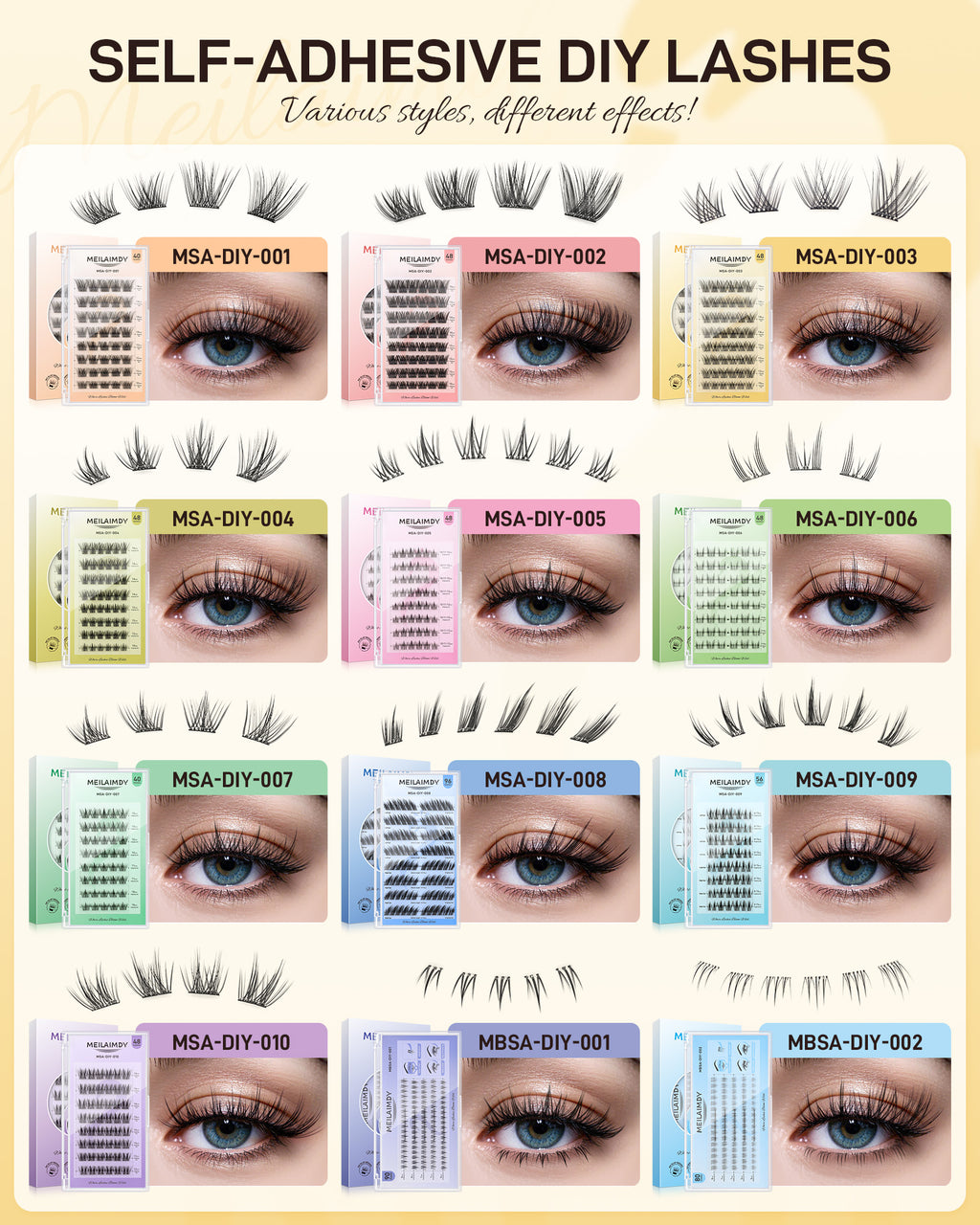 MEILAIMDY Self Adhesive DIY Lashes,0.07mm C Curl 48 Clusters 10-16mm Mixed Length Pre Glued False Eyelashes No Glue Needed Volume MSA-DIY-003