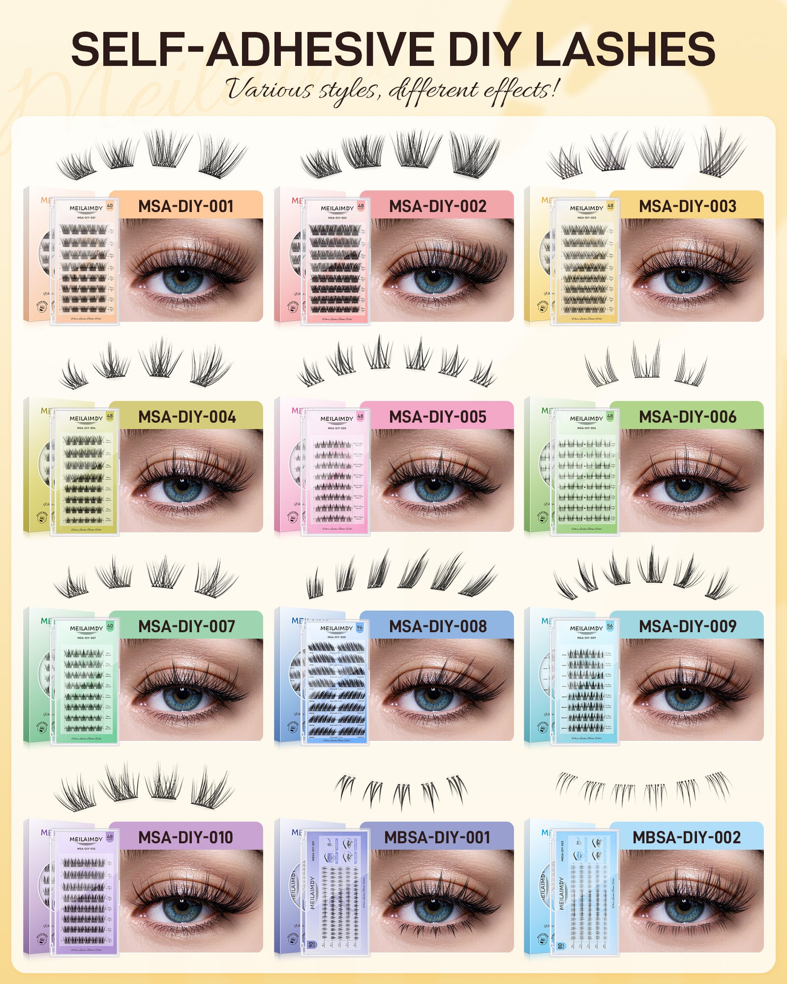 MEILAIMDY Self Adhesive DIY Lashes,0.07mm C Curl 48 Clusters 10-16mm Mixed Length Pre Glued False Eyelashes No Glue Needed Volume MSA-DIY-003