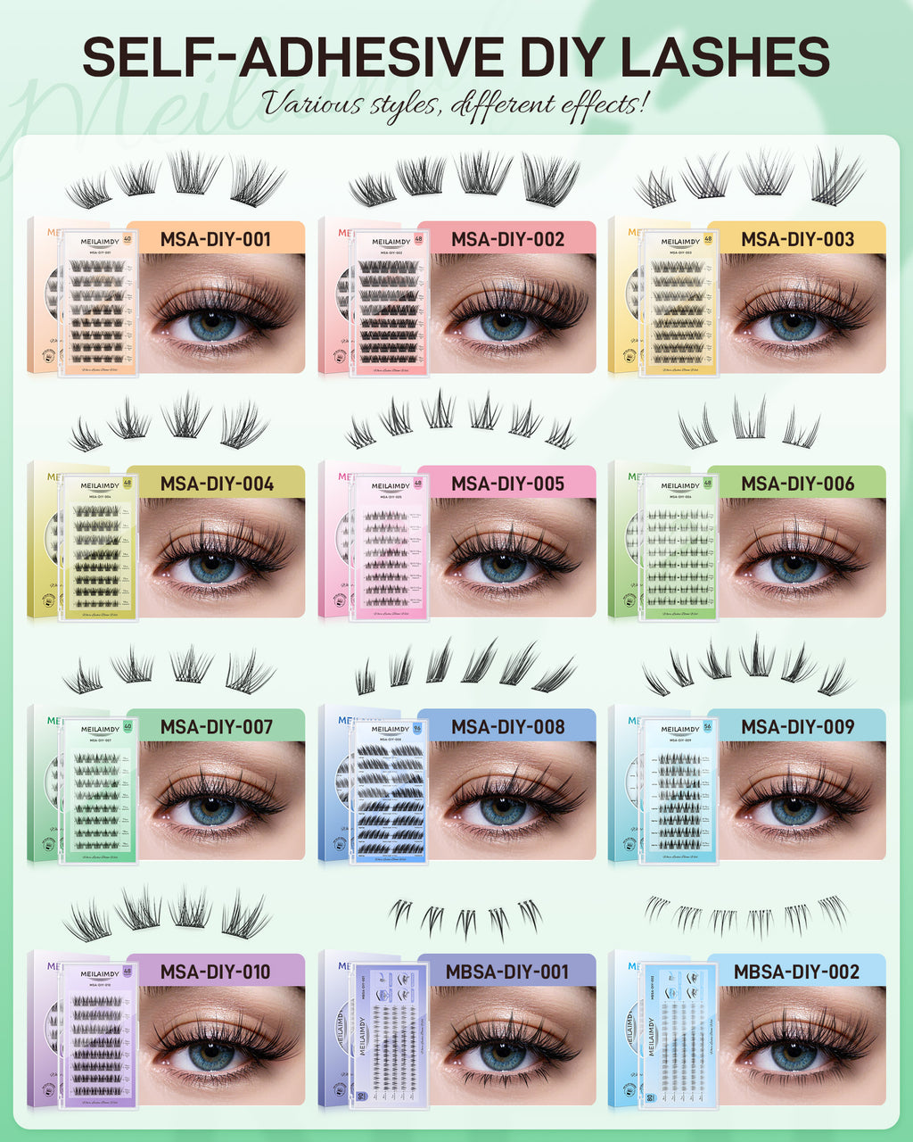 MEILAIMDY Self Adhesive DIY Lashes,0.07mm C Curl 40 Clusters 10-13mm Mixed Length Pre Glued False Eyelashes No Glue Needed Natural MSA-DIY-007