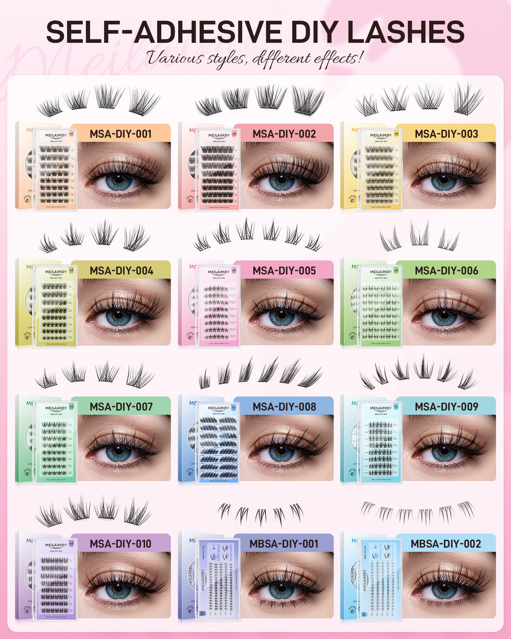 MEILAIMDY Self Adhesive DIY Lashes,0.07mm C Curl 48 Clusters 10-12mm Mixed Length Pre Glued False Eyelashes No Glue Needed Natural MSA-DIY-005