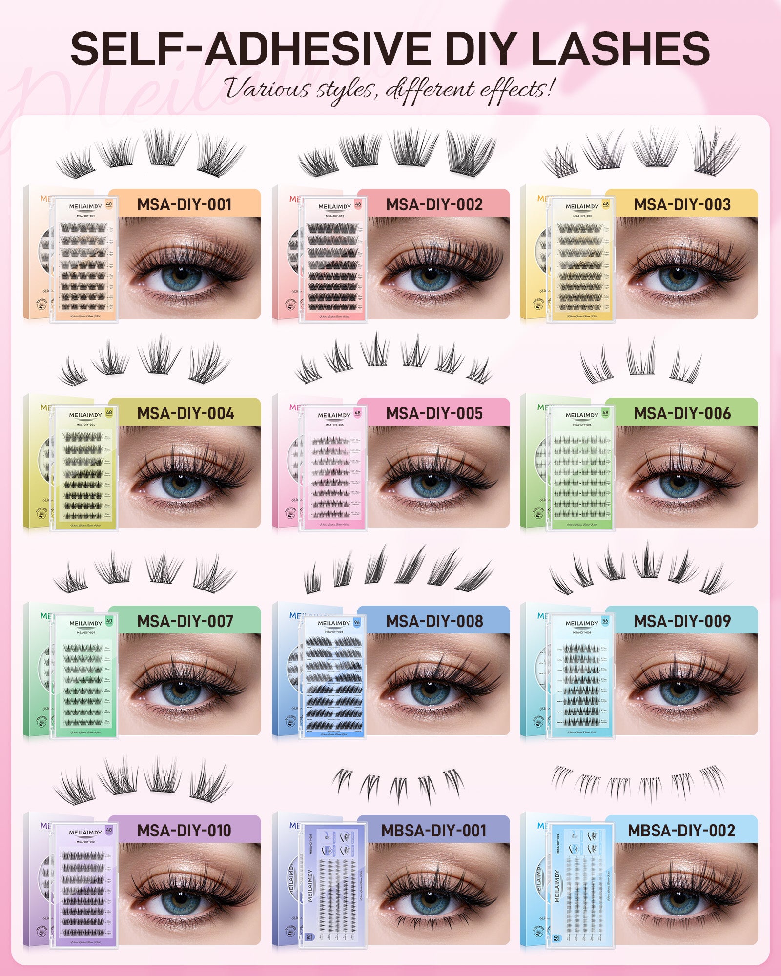 MEILAIMDY Self Adhesive DIY Lashes,0.07mm C Curl 48 Clusters 10-12mm Mixed Length Pre Glued False Eyelashes No Glue Needed Natural MSA-DIY-005