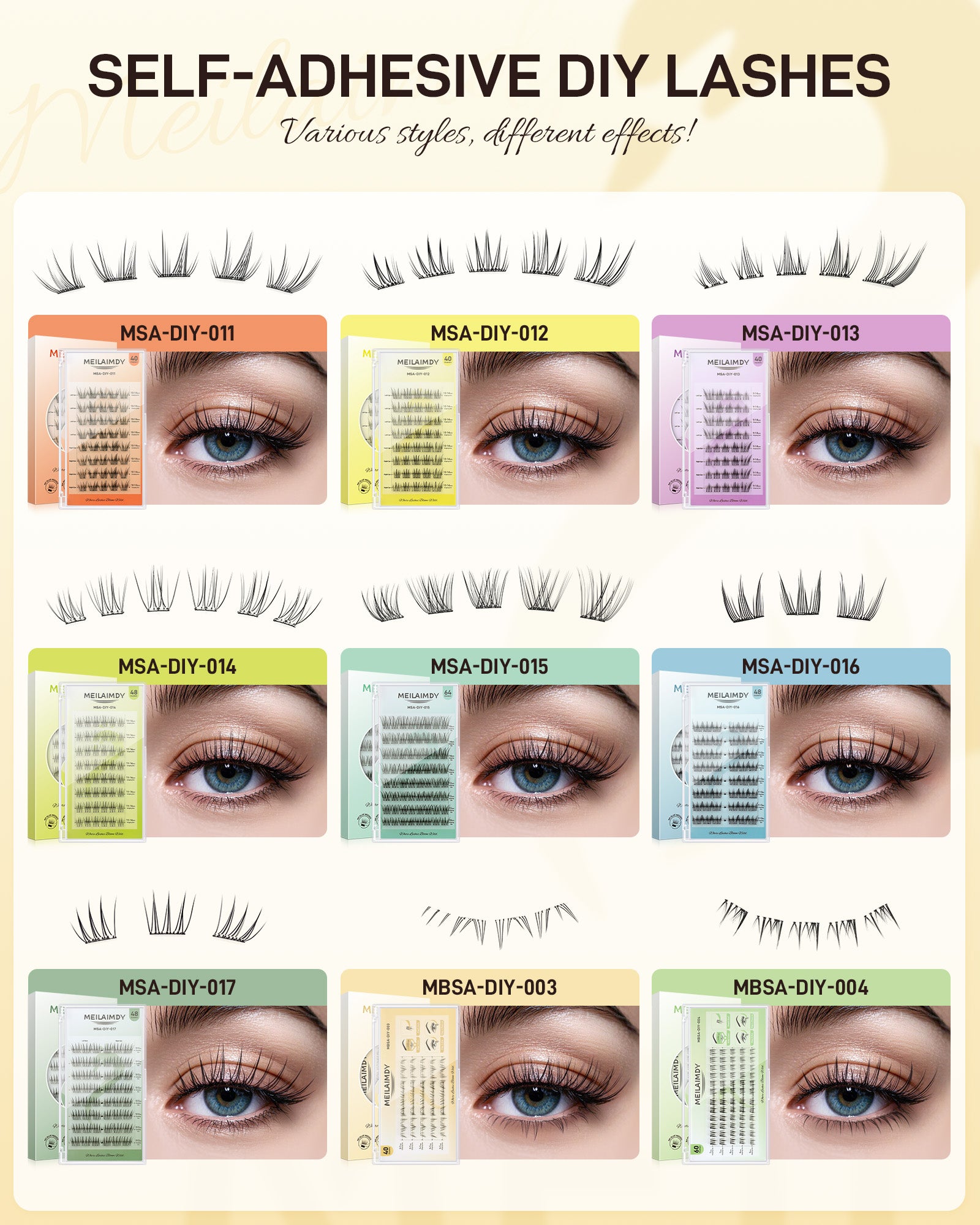 MEILAIMDY Self Adhesive DIY Bottom Lashes,0.07mm J Curl 40 Clusters 5-7mm Mixed Length Pre Glued Lower Eyelashes No Glue Needed Natural MBSA-DIY-003
