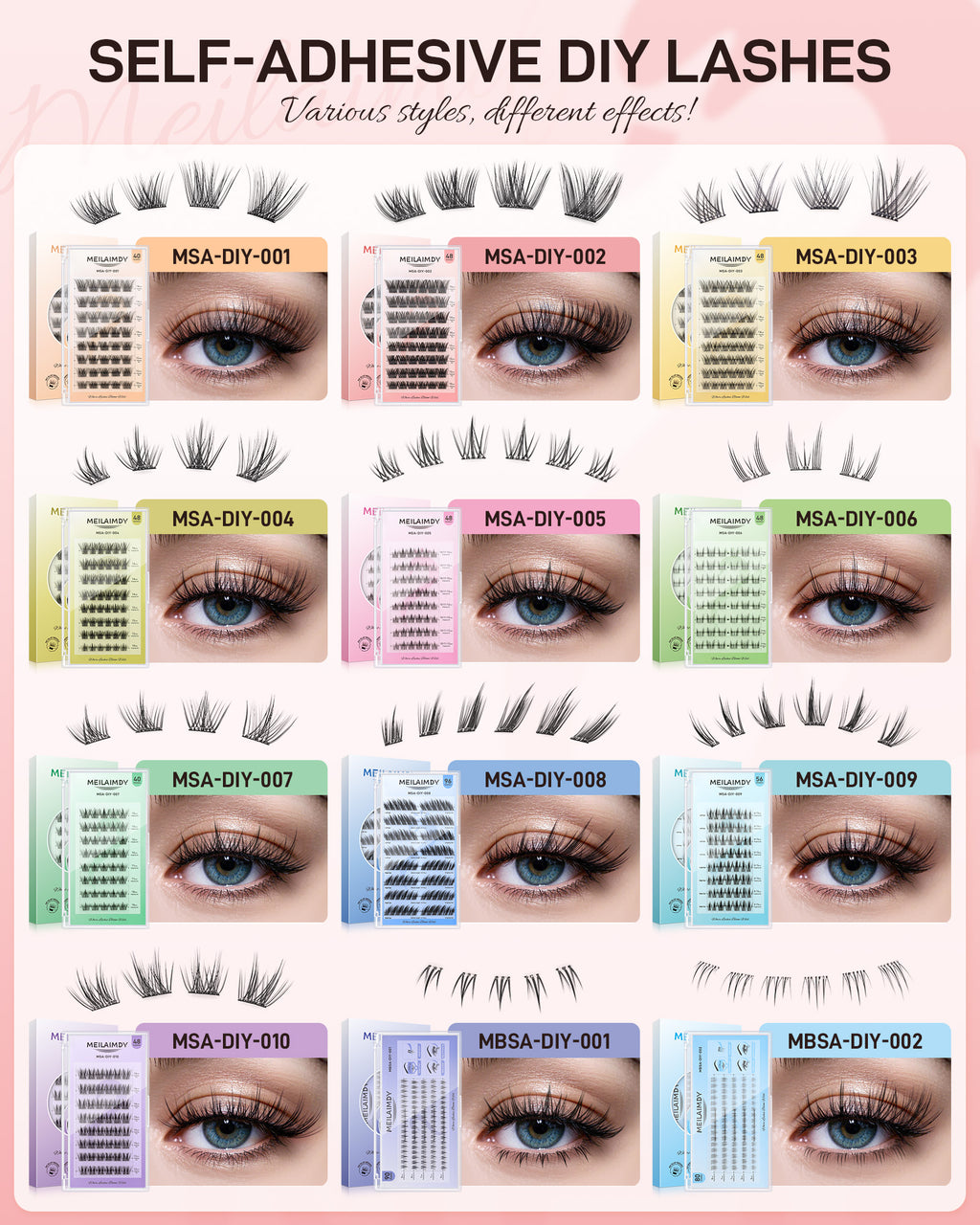 MEILAIMDY Self Adhesive DIY Lashes,0.07mm C Curl 48 Clusters 10-16mm Mixed Length Pre Glued False Eyelashes No Glue Needed Volume MSA-DIY-002