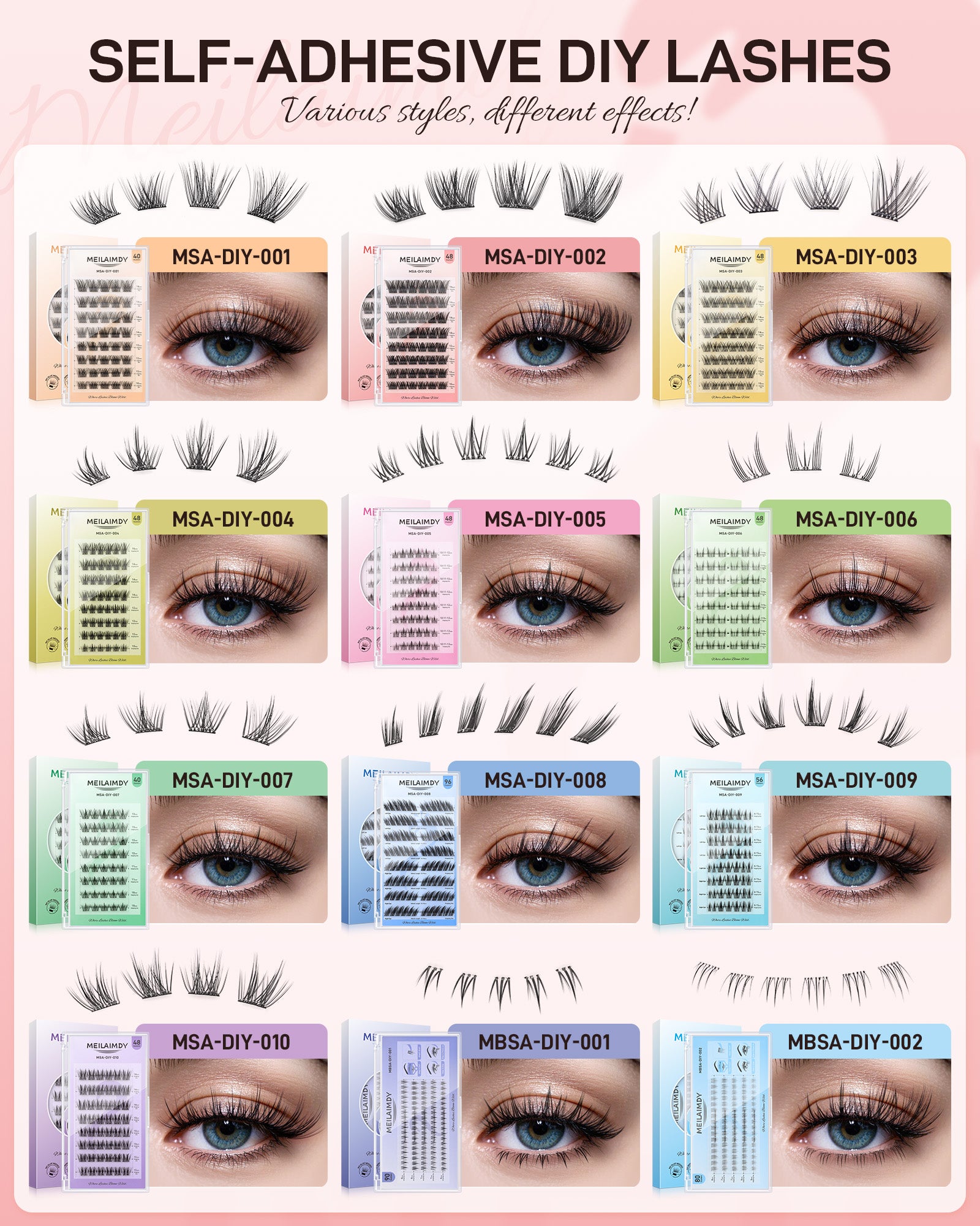 MEILAIMDY Self Adhesive DIY Lashes,0.07mm C Curl 48 Clusters 10-16mm Mixed Length Pre Glued False Eyelashes No Glue Needed Volume MSA-DIY-002