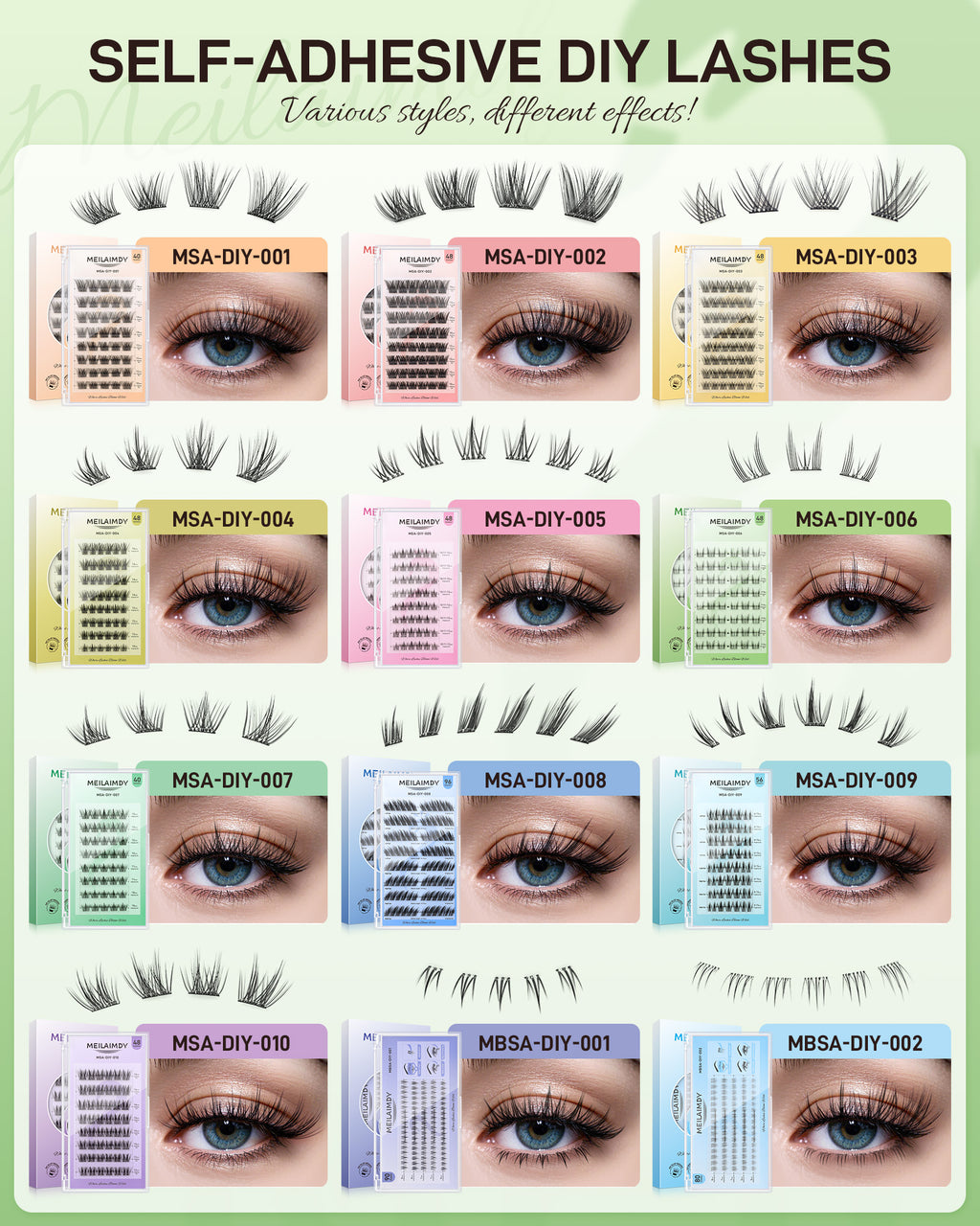 MEILAIMDY Self Adhesive DIY Lashes,0.07mm C Curl 48 Clusters 11-13mm Mixed Length Pre Glued False Eyelashes No Glue Needed Natural MSA-DIY-006