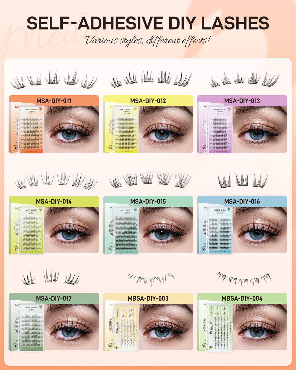 MEILAIMDY Self Adhesive DIY Lashes,0.07mm C Curl 40 Clusters 10-14mm Mixed Length Pre Glued False Eyelashes No Glue Needed Wispy MSA-DIY-011