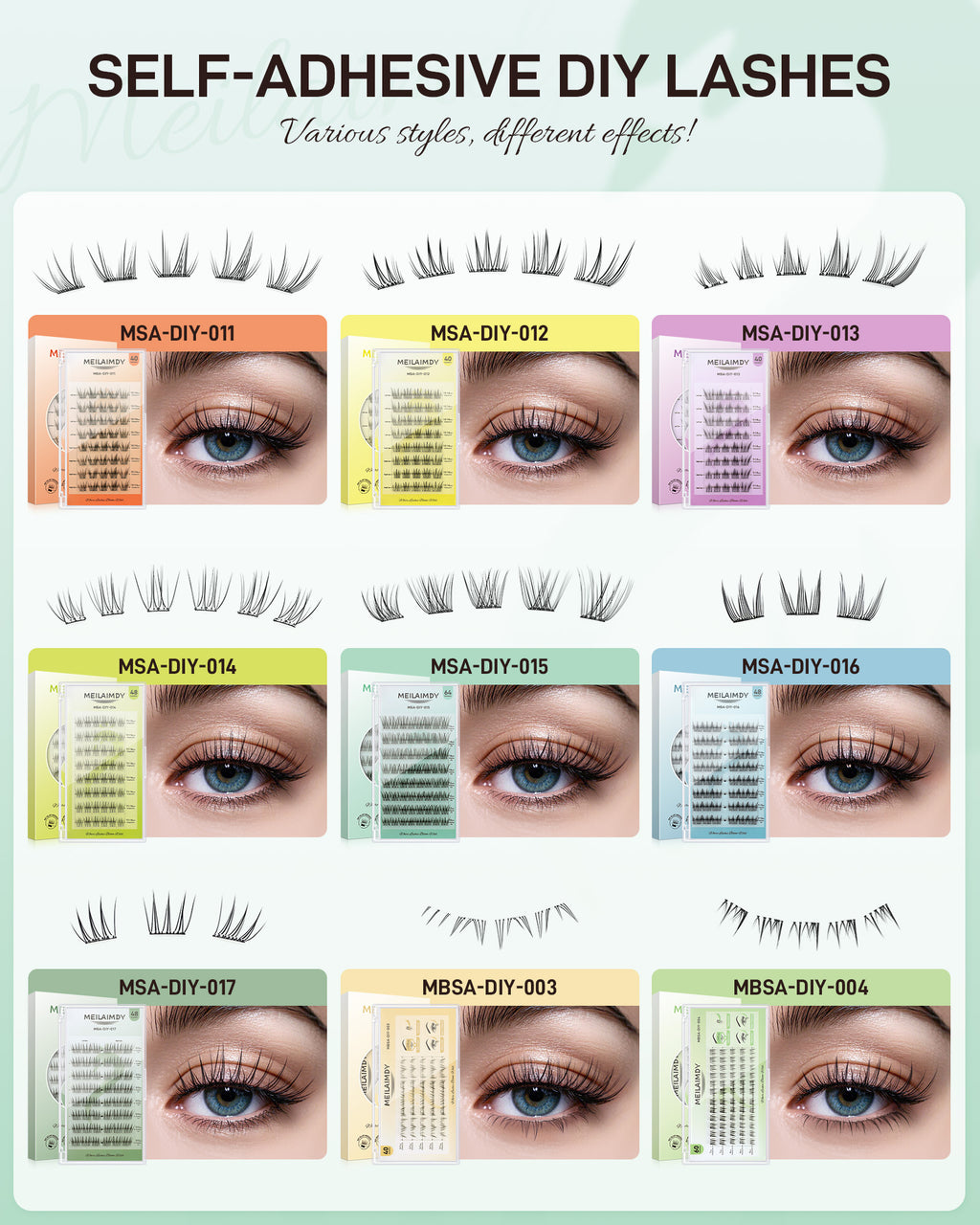 MEILAIMDY Self Adhesive DIY Lashes,0.07mm C Curl 64 Clusters 10-16mm Mixed Length Pre Glued False Eyelashes No Glue Needed Natural Wispy MSA-DIY-015