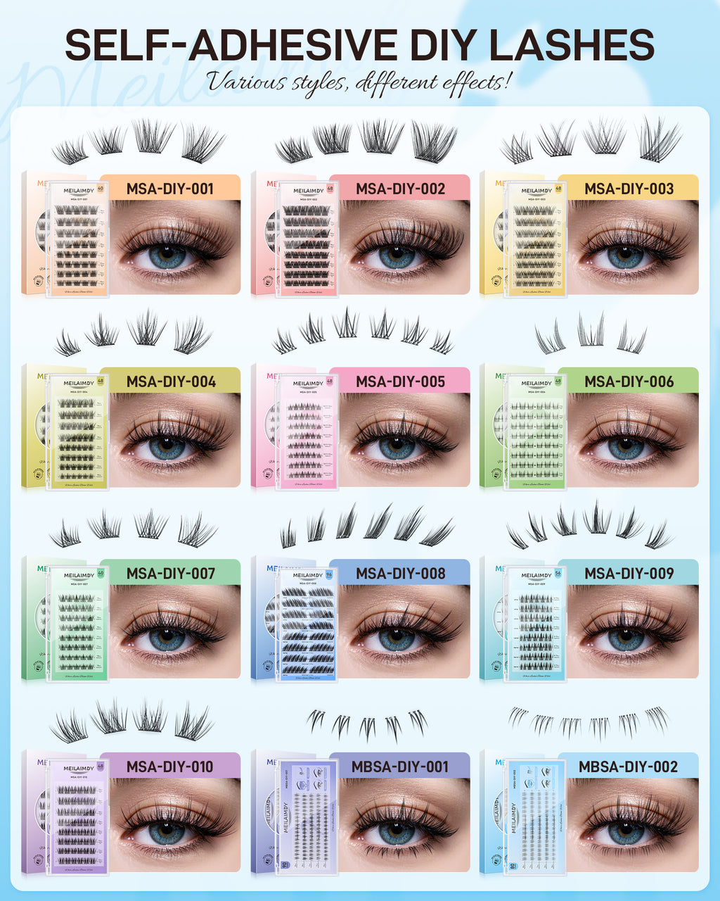 MEILAIMDY Self Adhesive DIY Bottom Lashes,0.07mm J Curl 80 Clusters 5-8mm Mixed Length Pre Glued Lower Eyelashes No Glue Needed Natural MBSA-DIY-002
