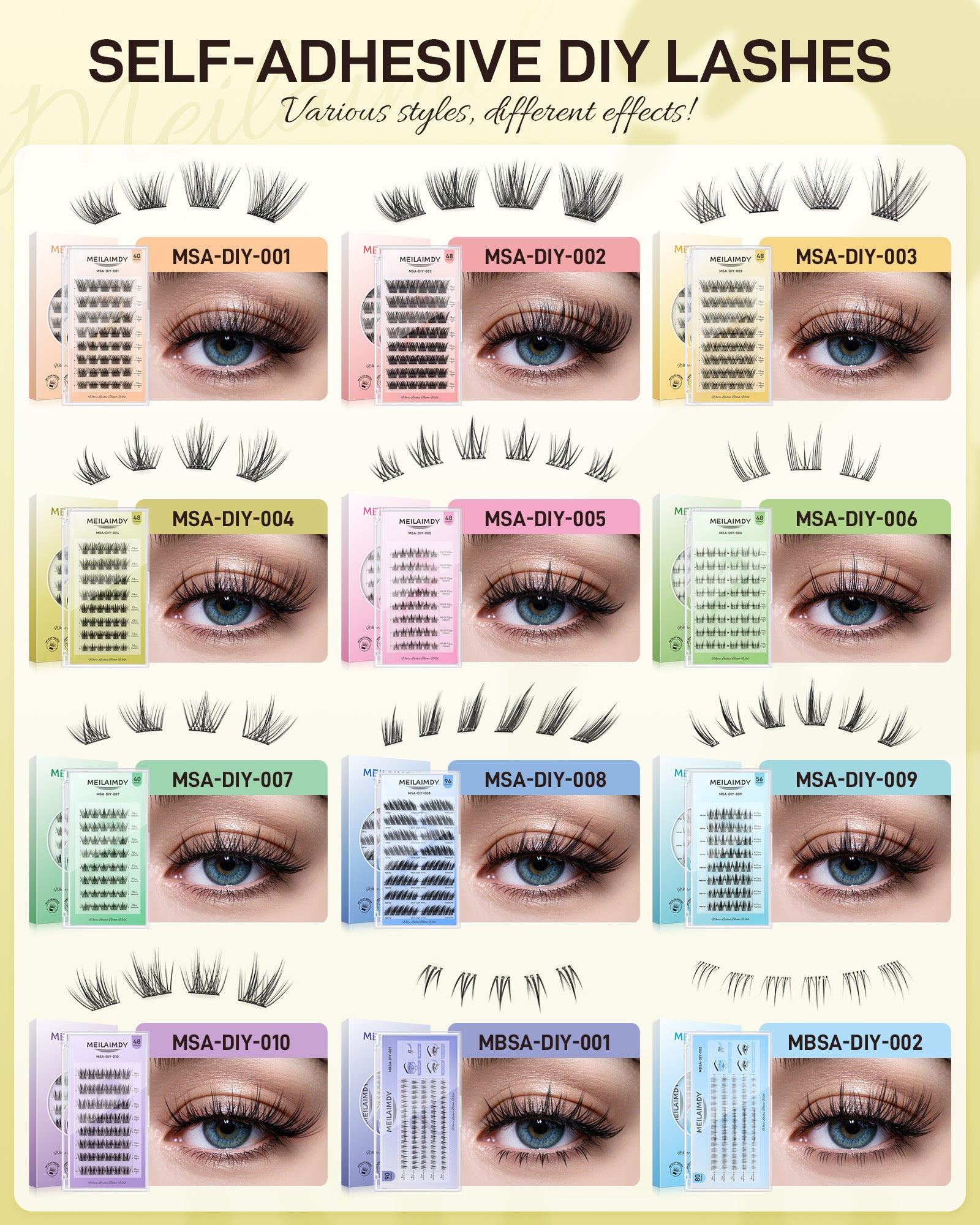 MEILAIMDY Self Adhesive DIY Lashes,0.07mm C Curl 48 Clusters 10-16mm Mixed Length Pre Glued False Eyelashes No Glue Needed Natural MSA-DIY-004
