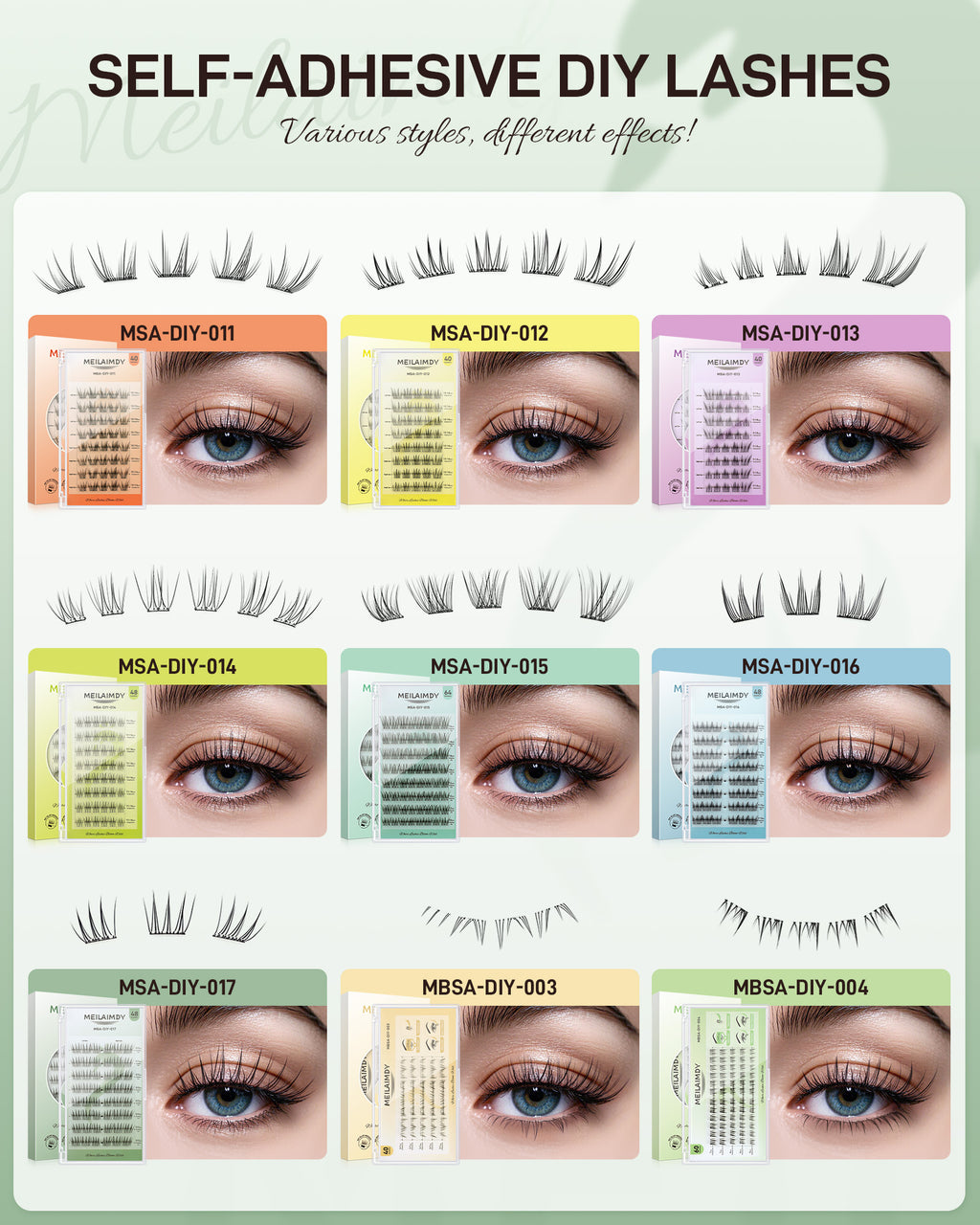 MEILAIMDY Self Adhesive DIY Lashes,0.07mm C Curl 48 Clusters 10-12mm Mixed Length Pre Glued False Eyelashes No Glue Needed Natural Wispy MSA-DIY-017