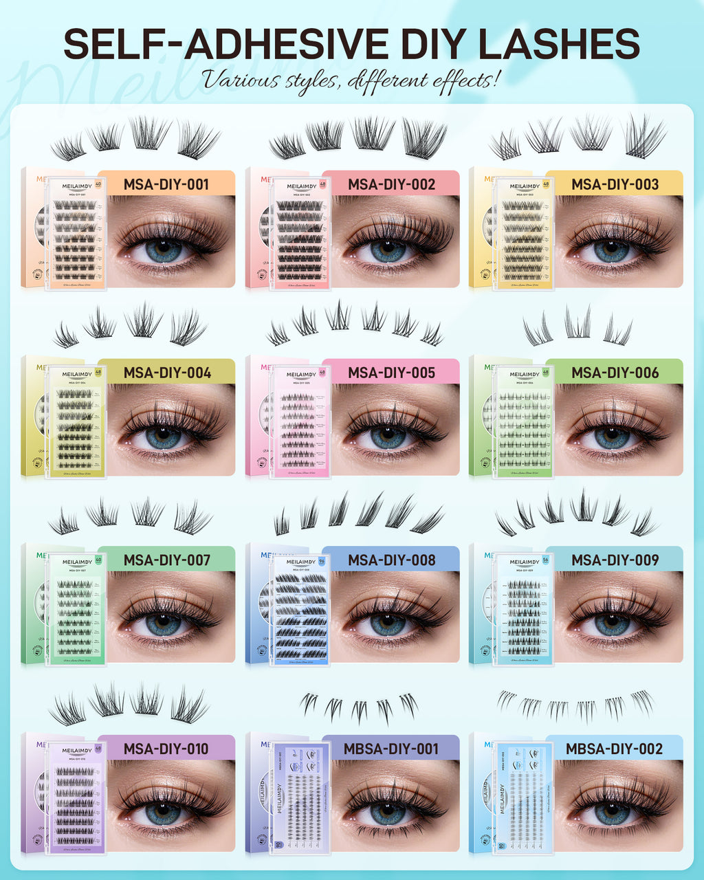 MEILAIMDY Self Adhesive DIY Lashes,0.07mm C Curl 56 Clusters 6-15mm Mixed Length Pre Glued False Eyelashes No Glue Needed Wispy Makeup MSA-DIY-009