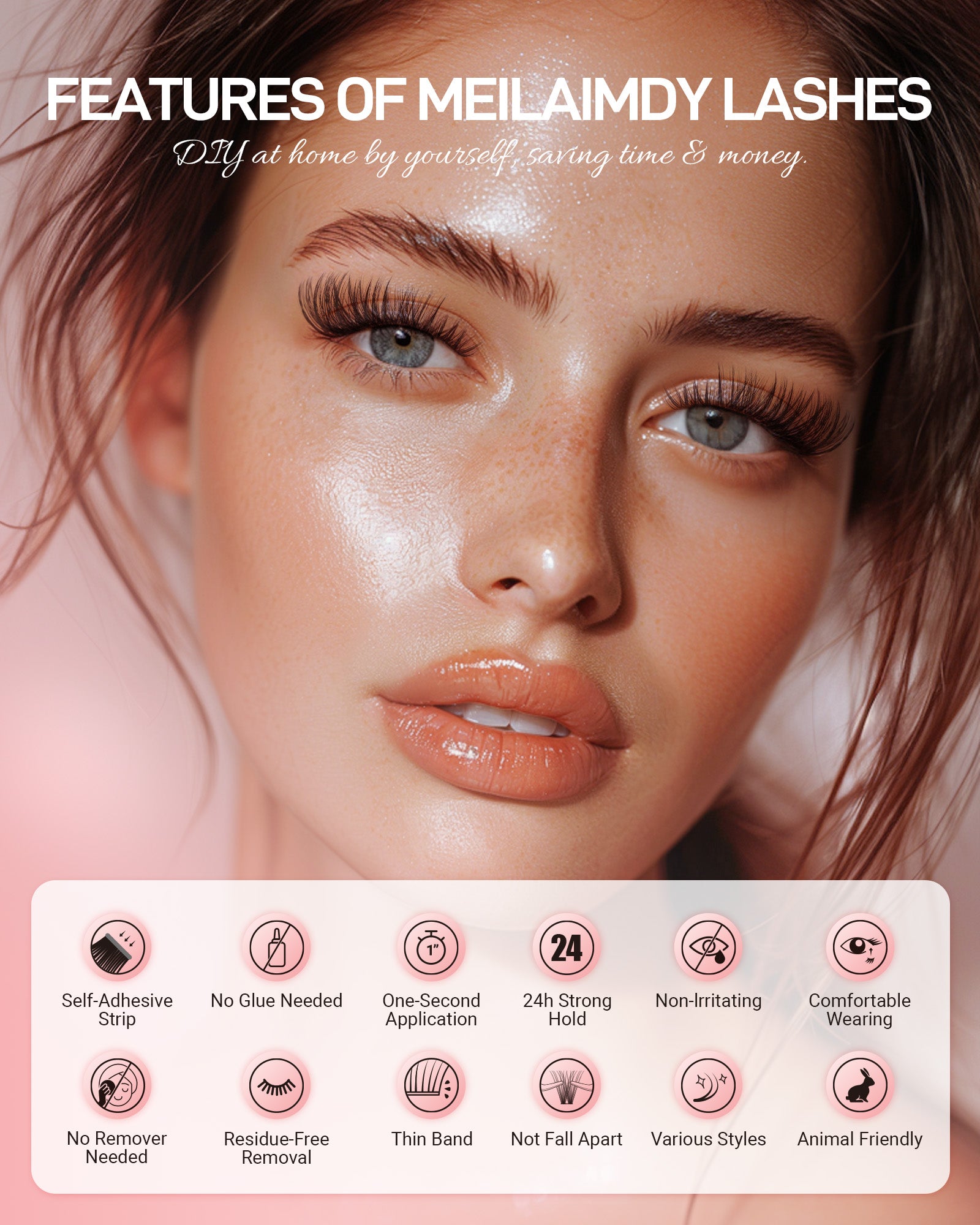 MEILAIMDY Self Adhesive DIY Lashes,0.07mm C Curl 48 Clusters 10-16mm Mixed Length Pre Glued False Eyelashes No Glue Needed Volume MSA-DIY-002