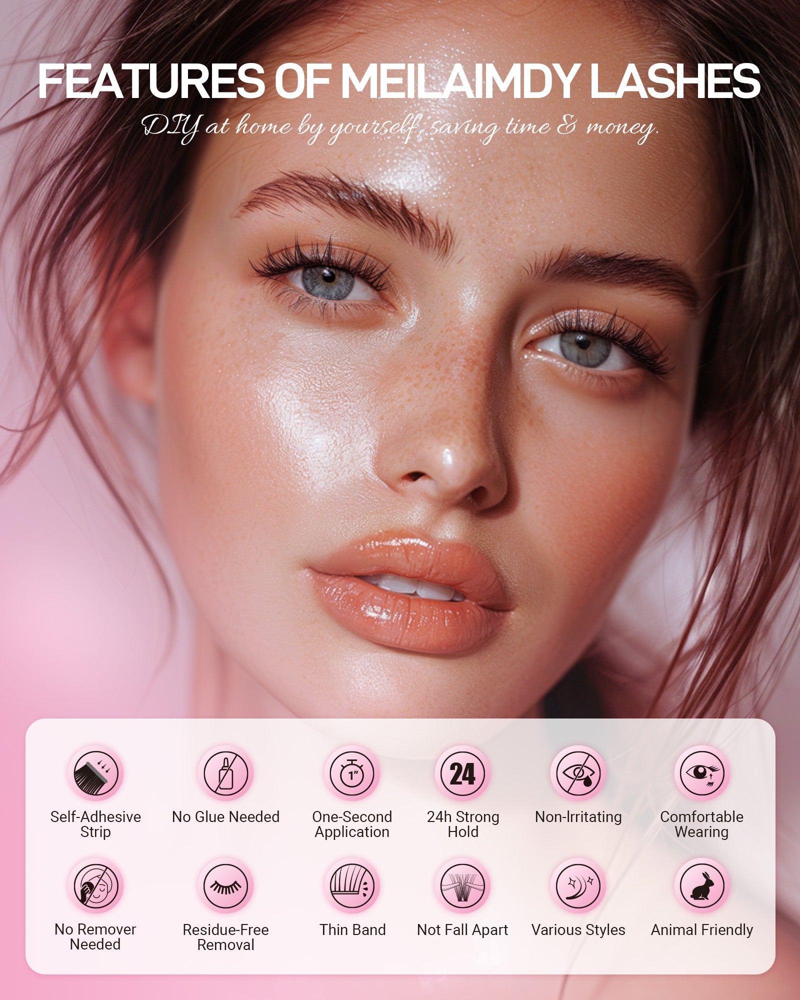 MEILAIMDY Self Adhesive DIY Lashes,0.07mm C Curl 48 Clusters 10-12mm Mixed Length Pre Glued False Eyelashes No Glue Needed Natural MSA-DIY-005