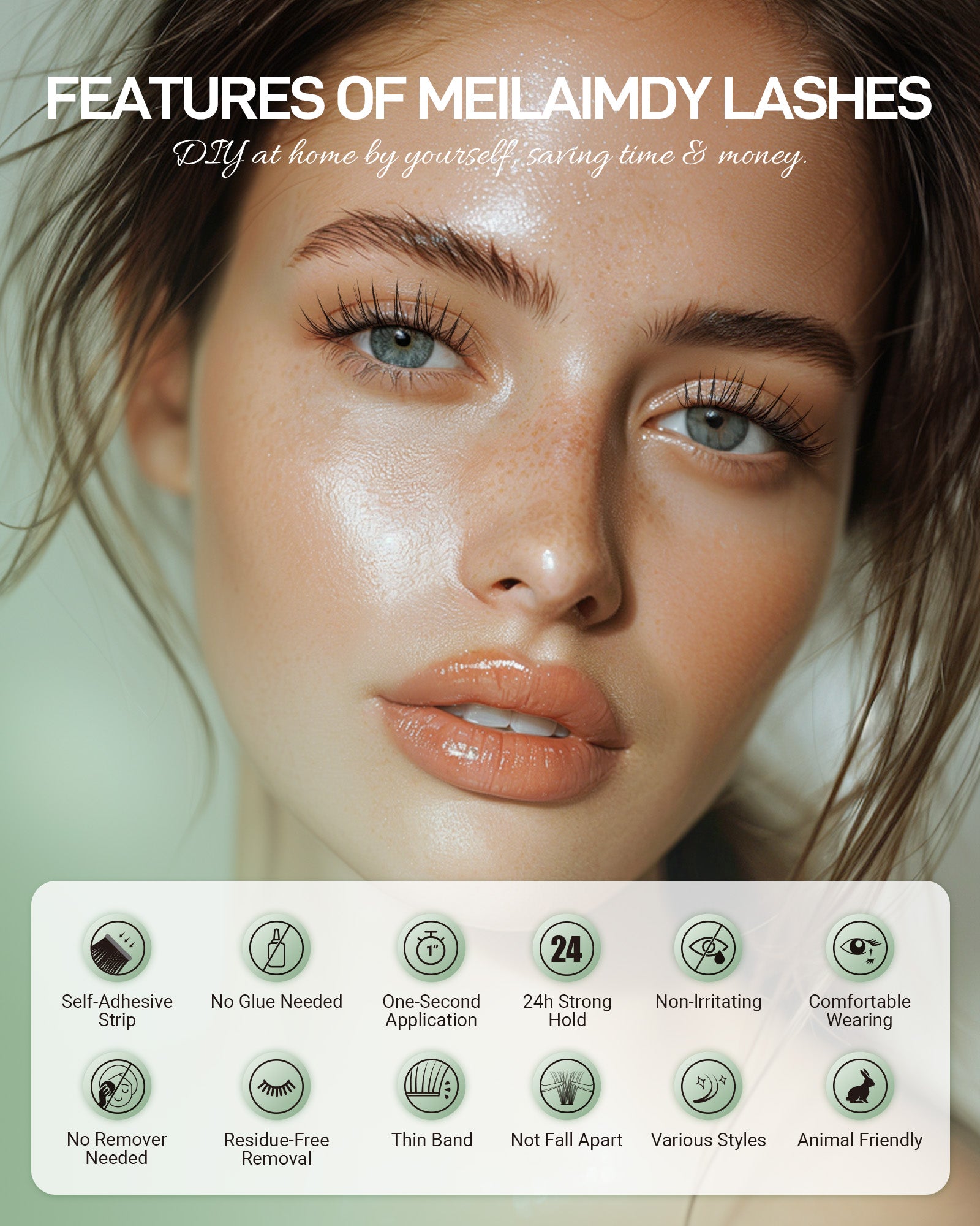 MEILAIMDY Self Adhesive DIY Lashes,0.07mm C Curl 48 Clusters 10-12mm Mixed Length Pre Glued False Eyelashes No Glue Needed Natural Wispy MSA-DIY-017