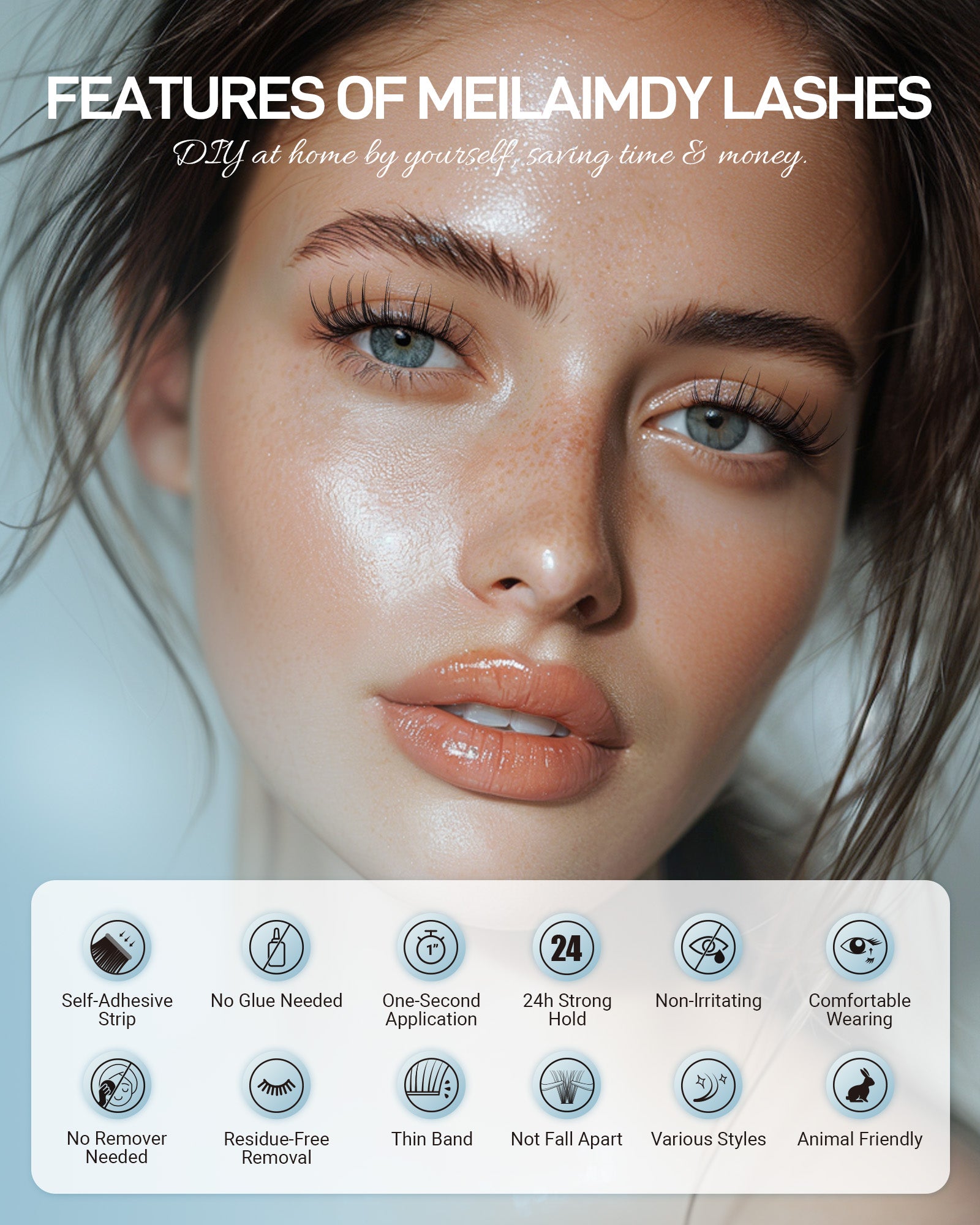 MEILAIMDY Self Adhesive DIY Lashes,0.07mm C Curl 48 Clusters 11-13mm Mixed Length  Pre Glued False Eyelashes No Glue Needed Natural Wispy MSA-DIY-016