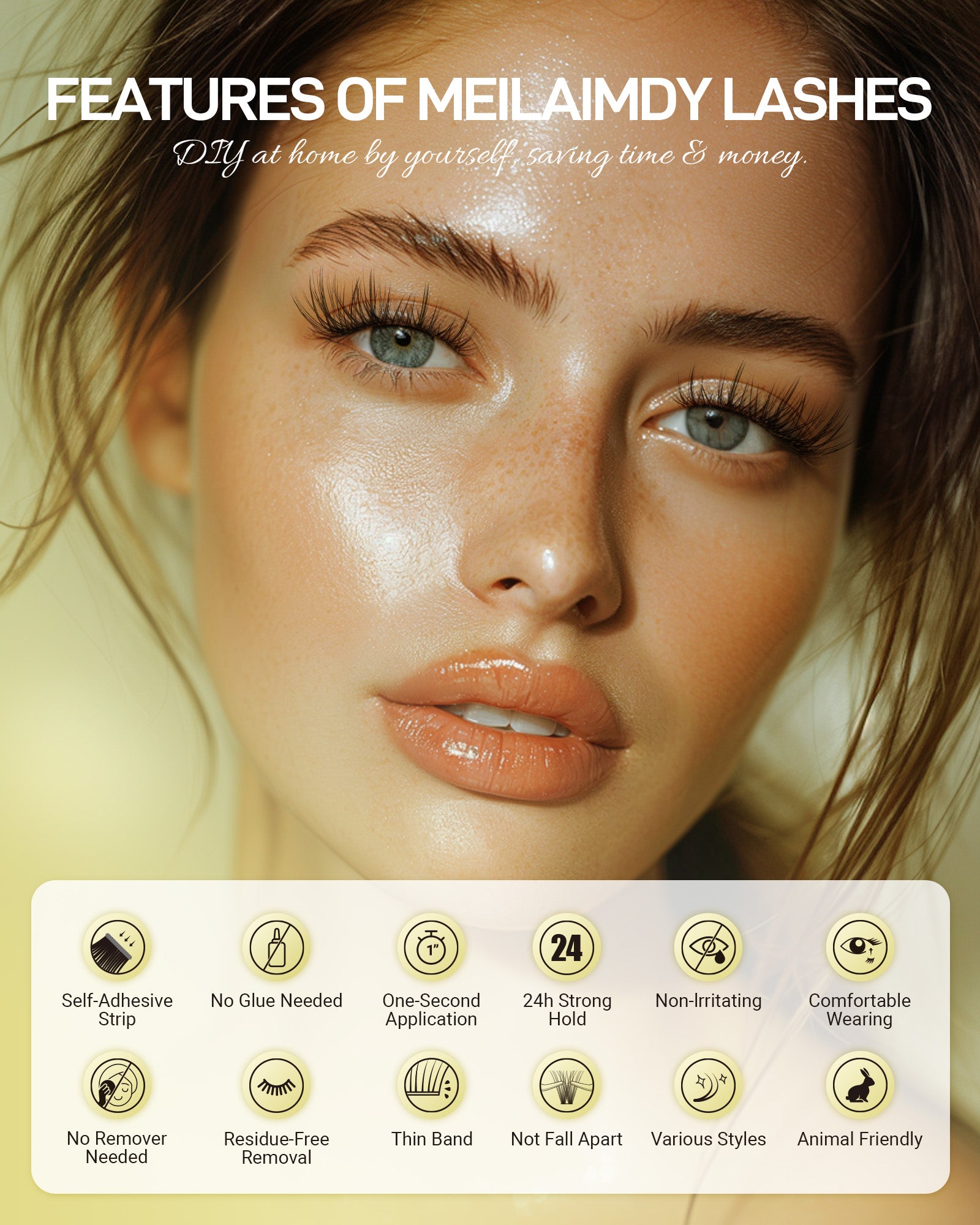 MEILAIMDY Self Adhesive DIY Lashes,0.07mm C Curl 48 Clusters 10-16mm Mixed Length Pre Glued False Eyelashes No Glue Needed Natural MSA-DIY-004