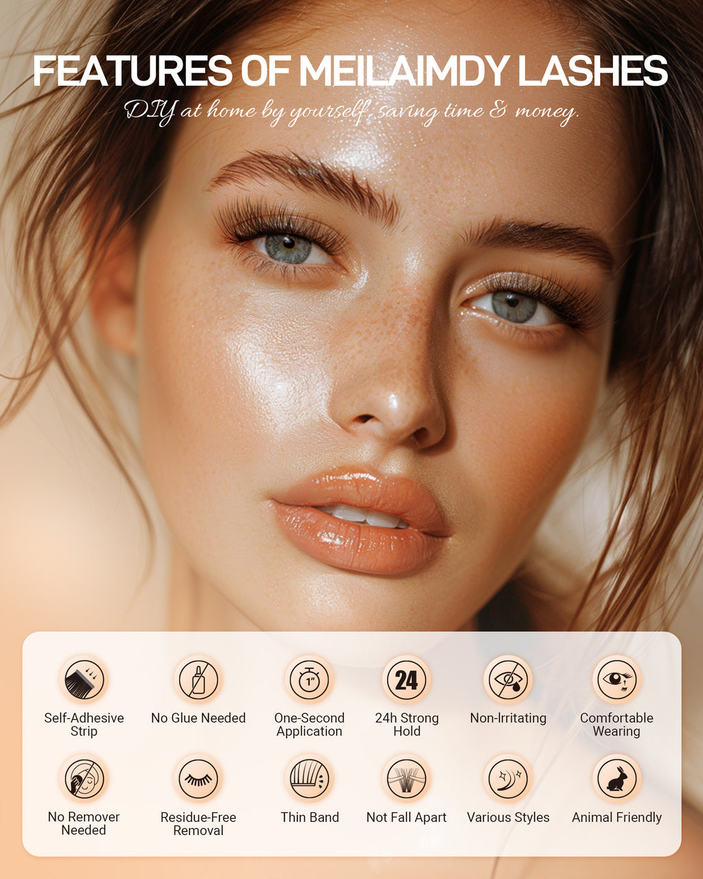 MEILAIMDY Self Adhesive DIY Lashes,0.07mm C Curl 40 Clusters 10-16mm Mixed Length Pre Glued False Eyelashes No Glue Needed Natural MSA-DIY-001
