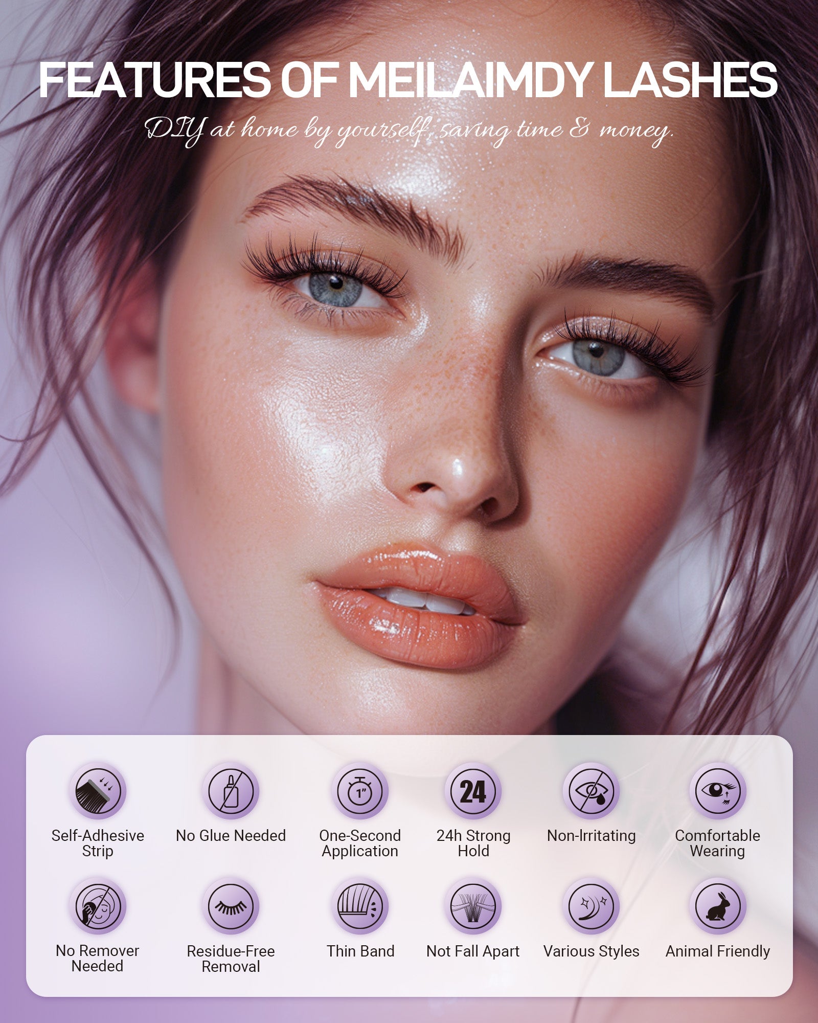 MEILAIMDY Self Adhesive DIY Lashes,0.07mm C Curl 48 Clusters 12-14mm Mixed Length Pre Glued False Eyelashes No Glue Needed Natural Wispy MSA-DIY-010