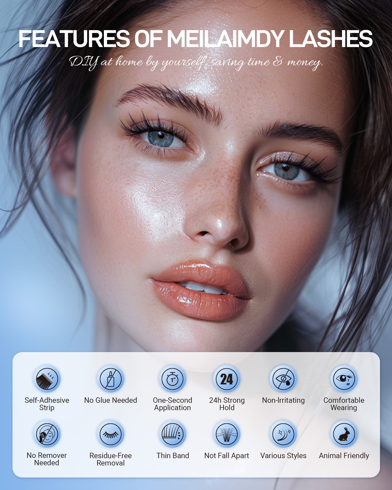 MEILAIMDY Self Adhesive DIY Lashes,0.07mm C Curl 96 Clusters 10-14mm Mixed Length Pre Glued False Eyelashes No Glue Needed Natural MSA-DIY-008